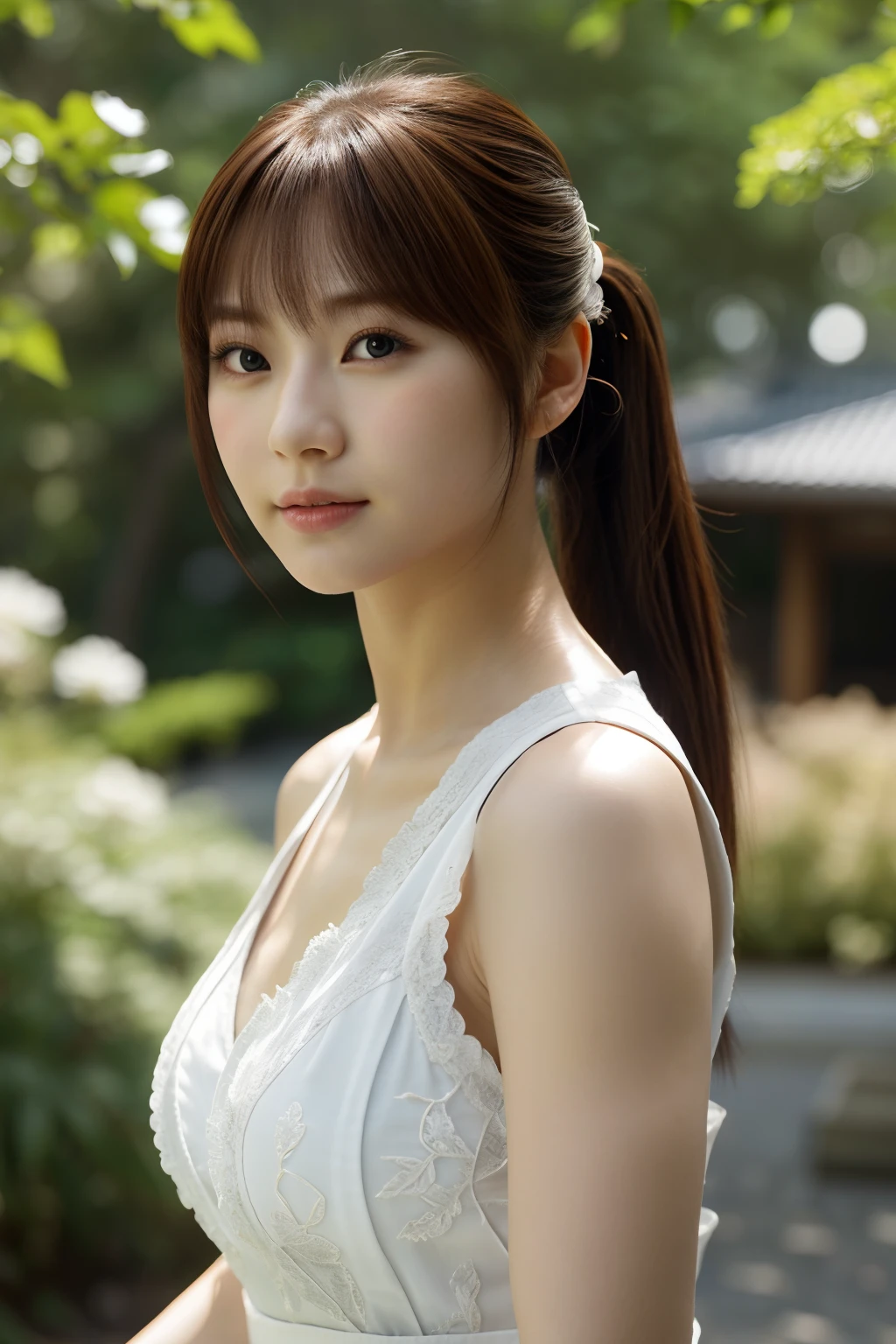 8K, top-quality, Real Image, intricate detailes, ultra-detailliert, 超A high resolution, Depth Field, (Photorealsitic, realisitic:1.2), ​masterpiece, Kasumi \(doa\), Wearing white Japan clothes, bare shoulders​, breastsout, Brown-eyed, brown haired, s lips, length hair, poneyTail, 独奏, suns, blue open sky, (intricate detailes:1.2), (delicate detail), (ciinematic light), Clear Line, foco nítido, Lifelike face, A detailed face, Unity 8k Wallpapers, ((Look at viewers))