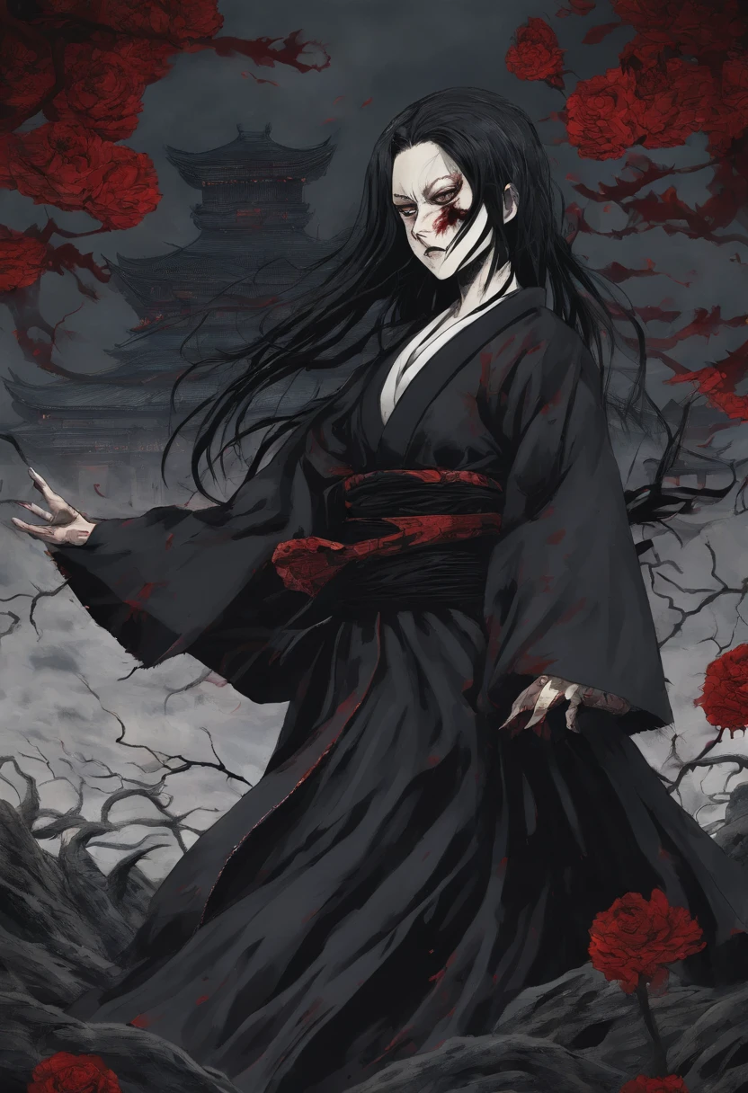 Kimetsu No Yaiba's art Style, Woman Tall, black long hair, Black yukata with red flowers, vampire, vampire long sharp teeth, strigoi woman