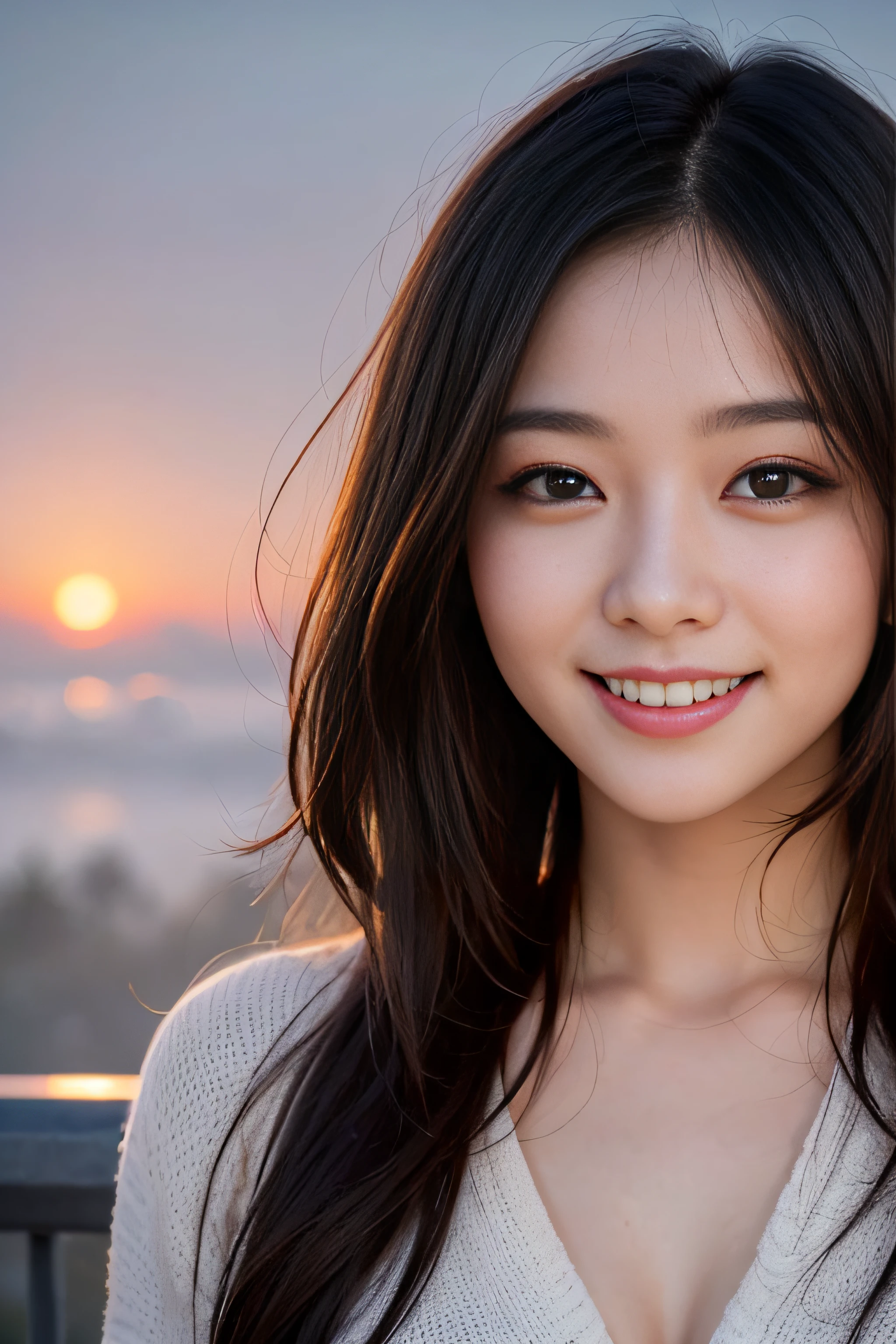 1womanl、(Super beautiful)、(beauitful face:1.5)、Smiling at the rising sun、The fog of dawn begins to melt、A bustling city awakens dreams、Turning around in the morning sun