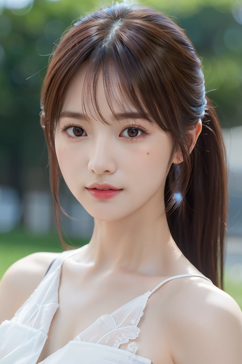 8K, top-quality, Real Image, intricate detailes, ultra-detailliert, 超A high resolution, Depth Field, (Photorealsitic, realisitic:1.2), ​masterpiece, Kasumi \(doa\), Wearing white Japan clothes, bare shoulders​, breastsout, Brown-eyed, brown haired, s lips, length hair, poneyTail, 独奏, suns, blue open sky, (intricate detailes:1.2), (delicate detail), (ciinematic light), Clear Line, foco nítido, Lifelike face, A detailed face, Unity 8k Wallpapers, ((Look at viewers))