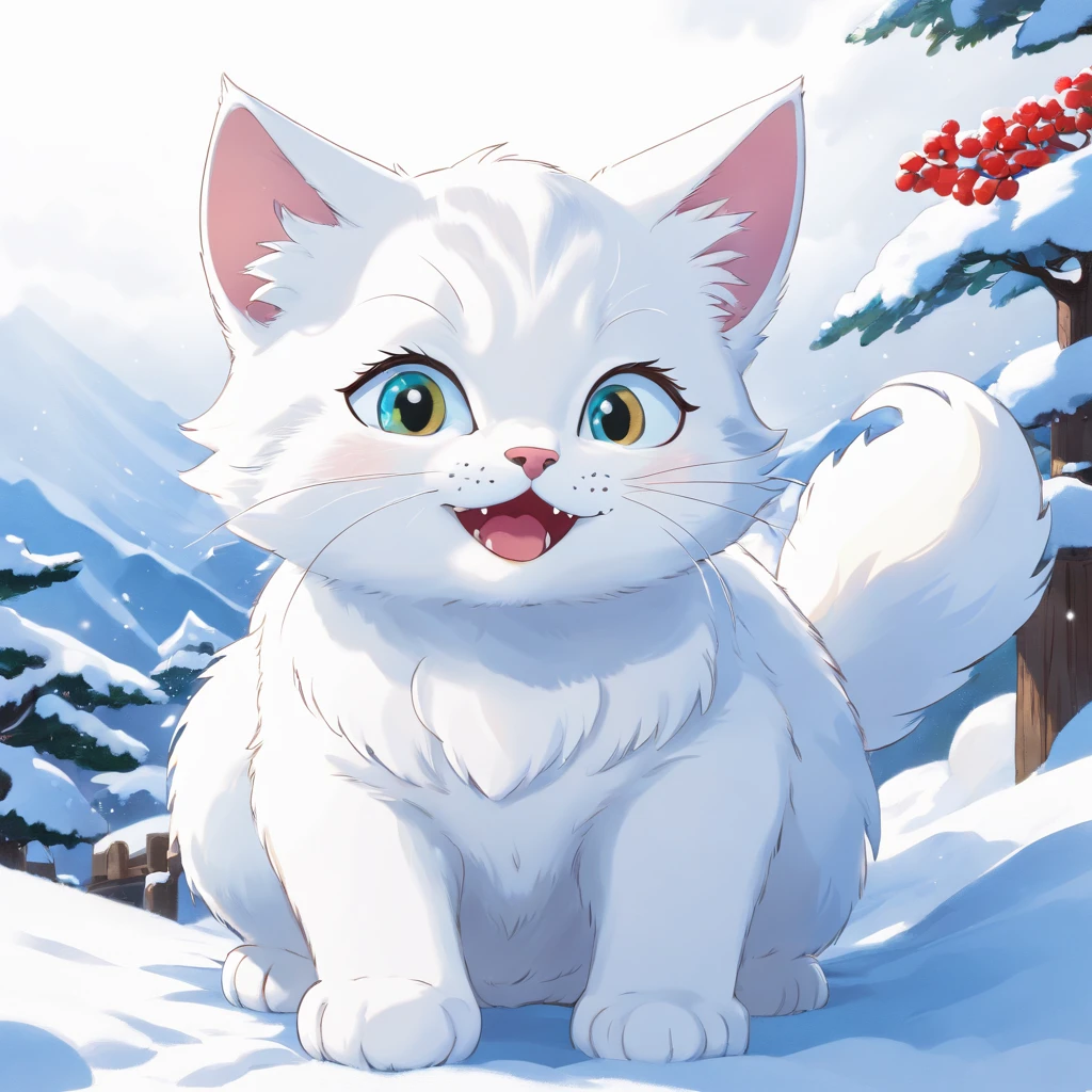 Illustration of a snow-white kitten、funny expression、solid color、White background、outline、Bold Line