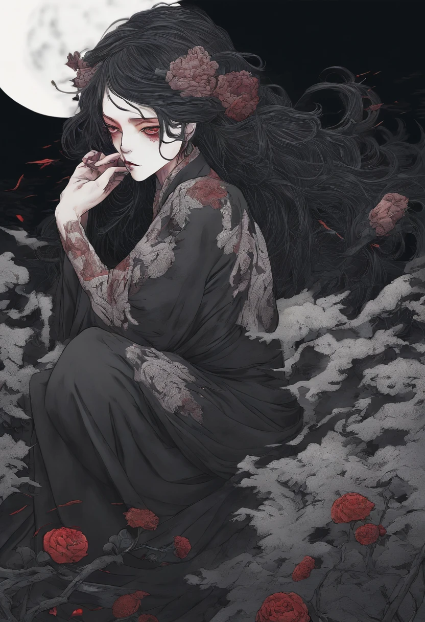Estilo de arte de Kimetsu No Yaiba, mulher alta, cabelo longo preto, yukata preto com flores vermelhas, Vampiro, vampiro longos dentes afiados, Mulher Strigoi