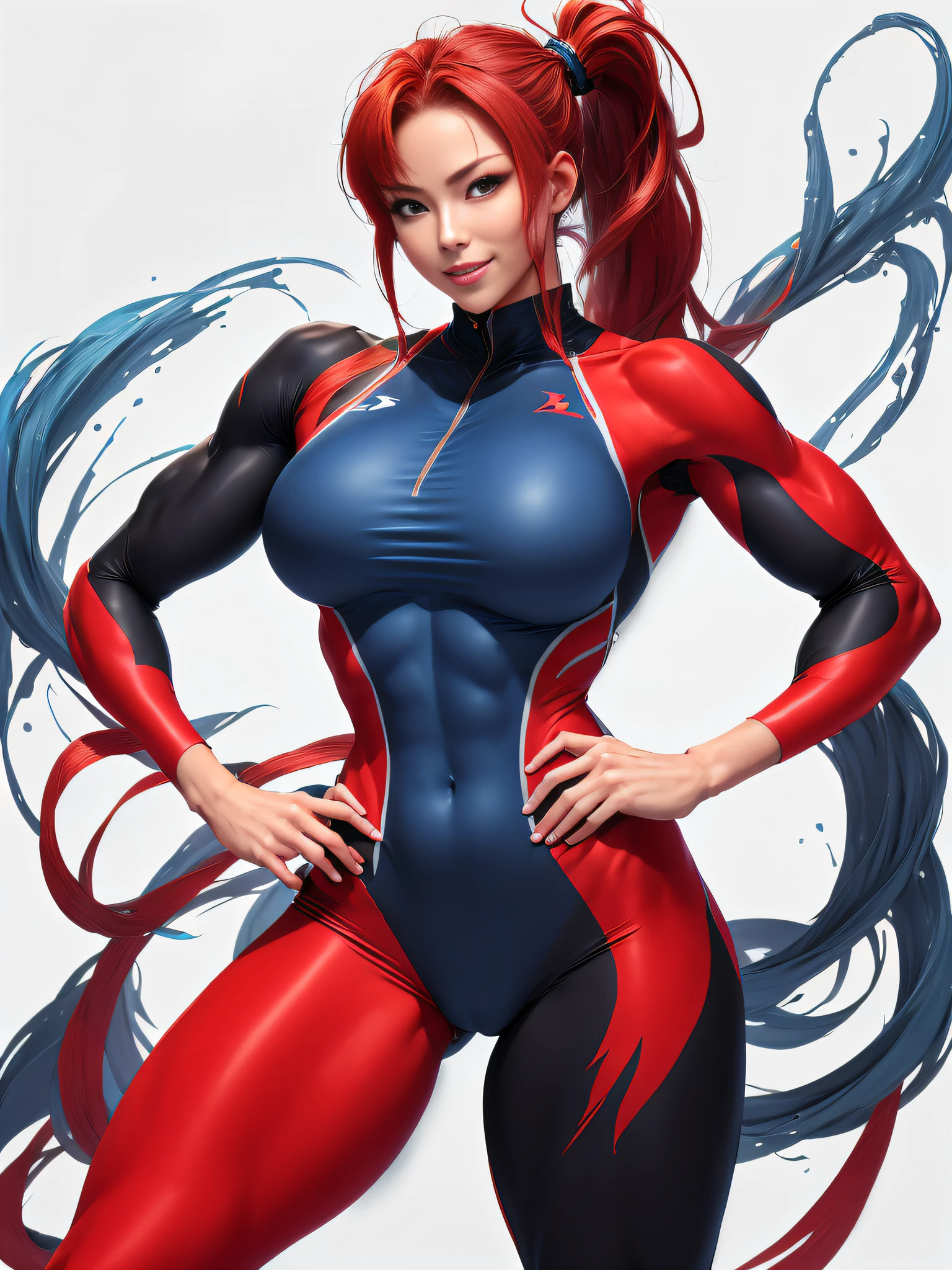 1 Women's Fitness Model、Huge chest on the verge of bursting、thin and long legs、abdominals、musculature、Metallic Red Workout Wear、Half Japan and half American.、25-years old、Height 175cm、sportuniversal、Cheerful smile、blue eyes、Red hair、Pony tail、glistning skin、blue eyes、Pose ready to fight、full-body view