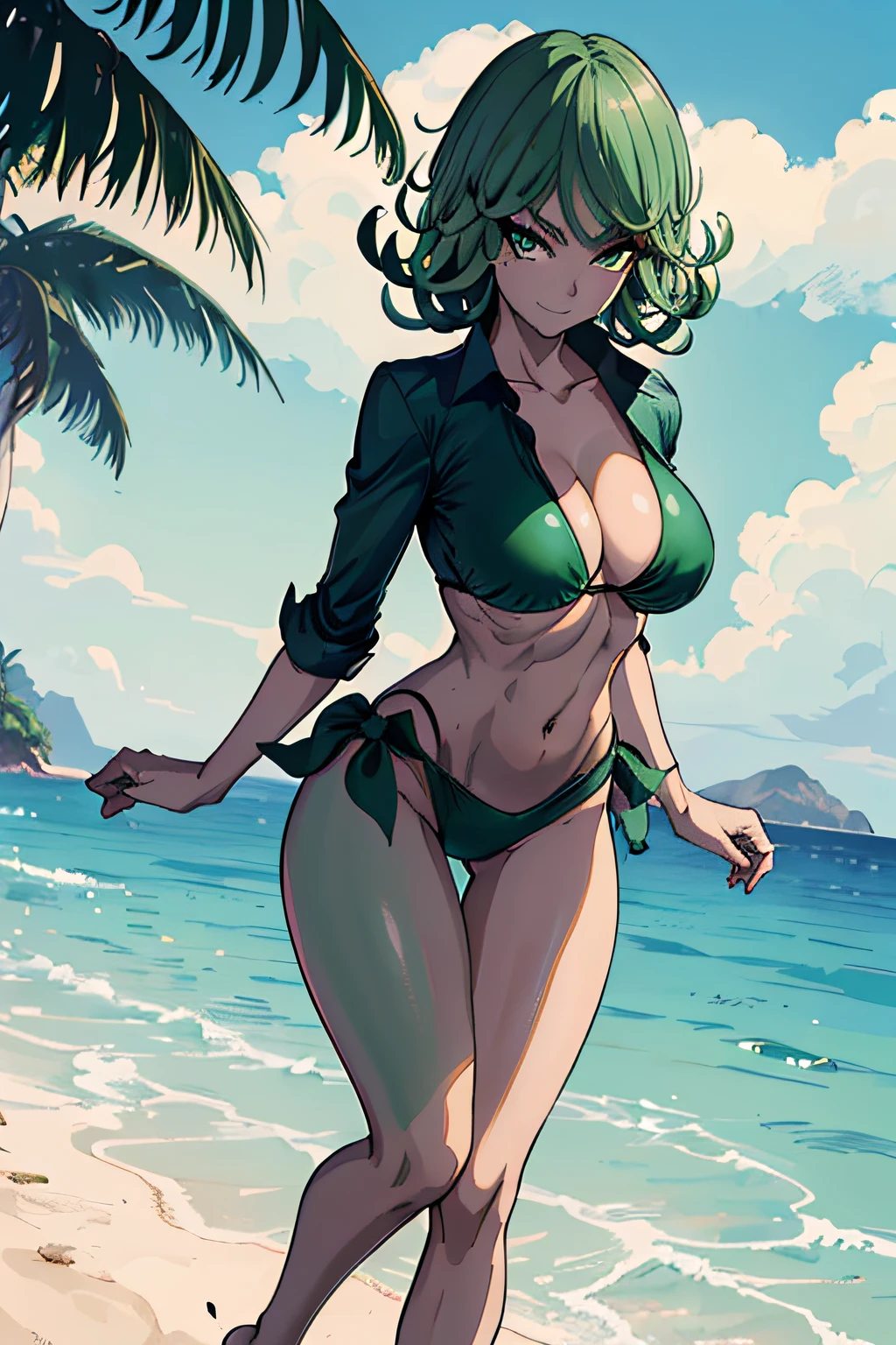 masterpiece, best quality, 1girl, alone, breasts, looking at viewer, evil eye, smile, medium_breasts, full body, standing, ((with hands on waist)), wearing green bikini, on the beach, green hair , (Tatsumaki: 1.7), beautiful thighs, faithful to the anime, muscular belly, barefoot, ((focus on beautiful toned thighs))