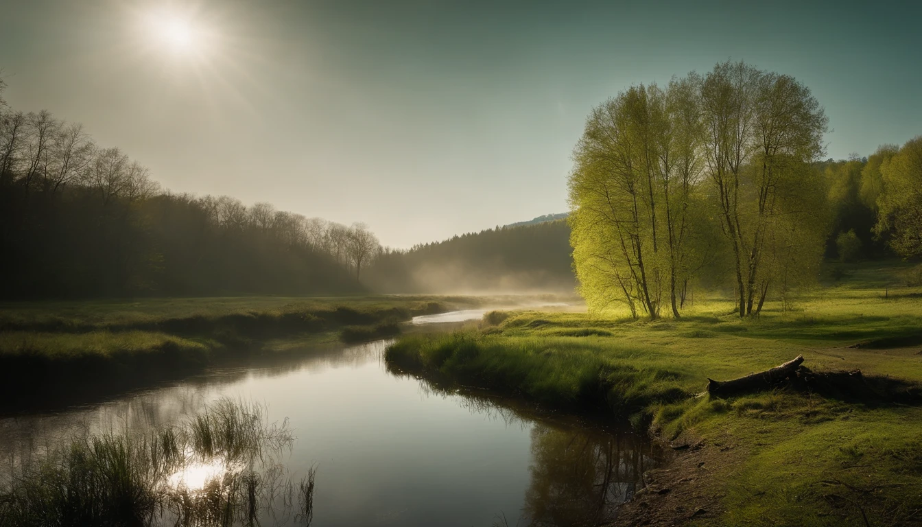 High- sharpness,Master masterpieces,kanon,RAW photos,(fidelity:1.4),Poster effect,The base color is bright,Natural light, Large grasslands,There was a bit of fog,springtime,The main color is green,small stream,Birch forest,first person perspective