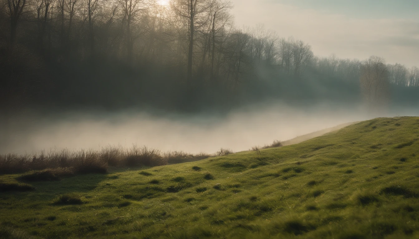 High- sharpness，Master masterpieces，kanon，RAW photos，（fidelity：1.4），Poster effect，The base color is bright，Natural light， Large grasslands，There was a bit of fog，springtime，The main color is green，small stream，Birch forest，first person perspective