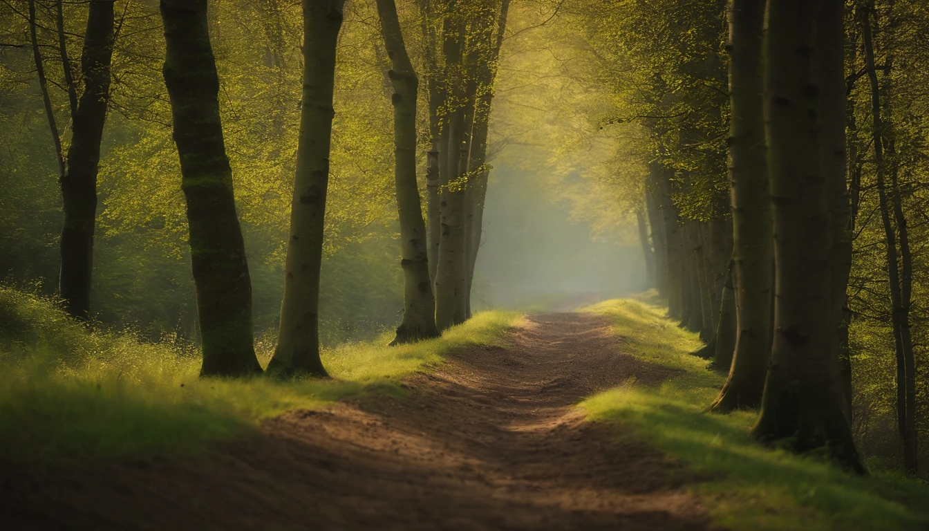High- sharpness,Master masterpieces,kanon,RAW photos,(fidelity:1.4),Poster effect,The base color is bright,Natural light, Large grasslands,There was a bit of fog,springtime,The main color is green,small stream,Birch forest,first person perspective