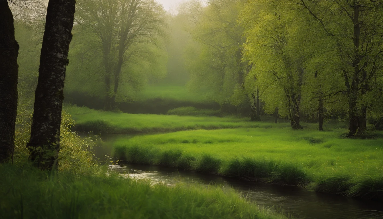 High- sharpness,Master masterpieces,kanon,RAW photos,(fidelity:1.4),Poster effect,The base color is bright,Natural light, Large grasslands,There was a bit of fog,springtime,The main color is green,small stream,Birch forest,first person perspective