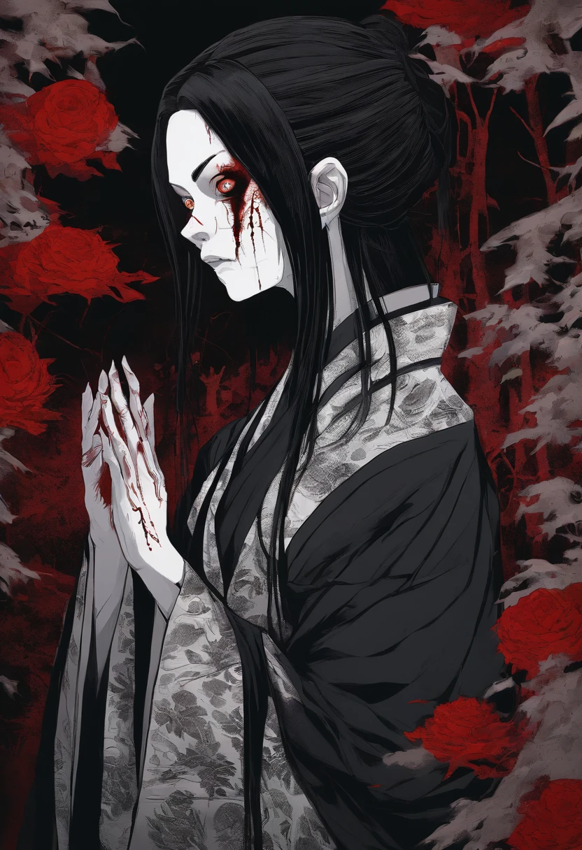 Kimetsu No Yaiba's art Style, Woman Tall, black long hair, Black yukata with red flowers, vampire, vampire long sharp teeth, strigoi woman, HORROR ART, bruised face