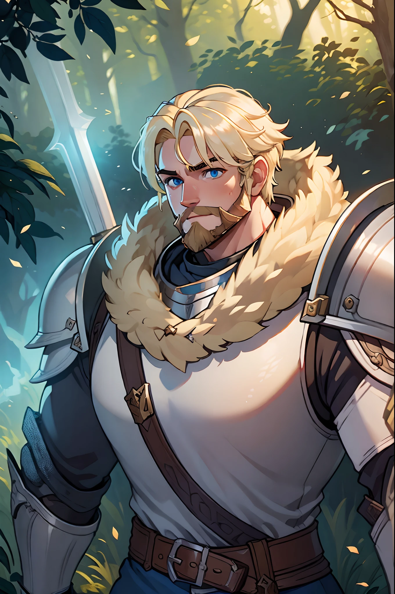 blonde hair, blue eyes, loose hair, short hair, man, wearing PLD_armor, PLD_armor, silver PLD_armor, happy, smiling, tanned skin, forest, daylight, plains, dynamic shot, (masterpiece), best quality, highres, 4k, 8k, Detailed Illustration, intricate detail, cinematic lighting, amazing quality, amazing shading, soft lighting, facing camera, warhammer, big war hammer, holding a war hammer, the war hammer he is holding is bigger than him, strong, muscular, big man, blond beard, short beard, beard to the sides, eyebags, hammer