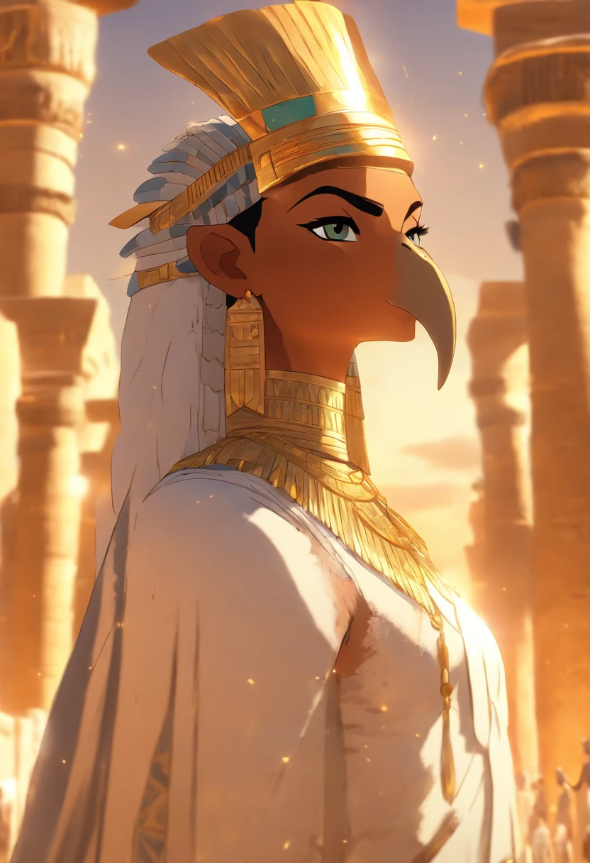 (((vulture crown, Egyptian woman))) best quality, very high resolution, 4K detailed CG, masterpiece, Egyptian mythology, Mut, Egyptian, sun in the background, Ancient Egypt, standing pose, vulture adornment, white clothes, Egyptian clothes, Egyptian temple, desert, Ancient Egypt, ((Vulture adornment)), Egyptian palace, aesthetics, beautiful image, centered on screen, standing pose