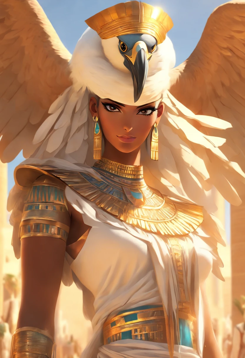 (((vulture crown, Egyptian woman))) best quality, very high resolution, 4K detailed CG, masterpiece, Egyptian mythology, Mut, Egyptian, sun in the background, Ancient Egypt, standing pose, vulture adornment, white clothes, Egyptian clothes, Egyptian temple, desert, Ancient Egypt, ((Vulture adornment)), Egyptian palace, aesthetics, beautiful image, centered on screen, standing pose