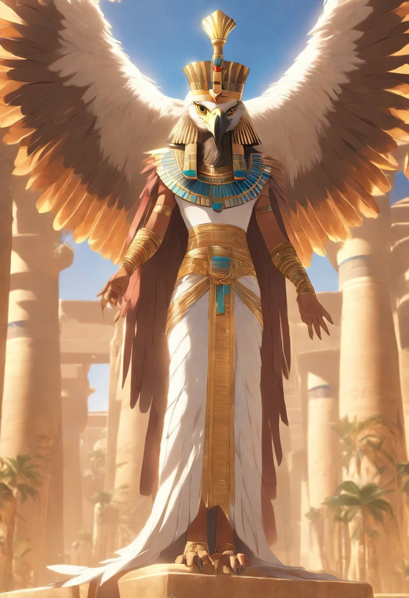 (((vulture crown, Egyptian woman))) best quality, very high resolution, 4K detailed CG, masterpiece, Egyptian mythology, Mut, Egyptian, sun in the background, Ancient Egypt, standing pose, vulture adornment, white clothes, Egyptian clothes, Egyptian temple, desert, Ancient Egypt, ((Vulture adornment)), Egyptian palace, aesthetics, beautiful image, centered on screen, standing pose