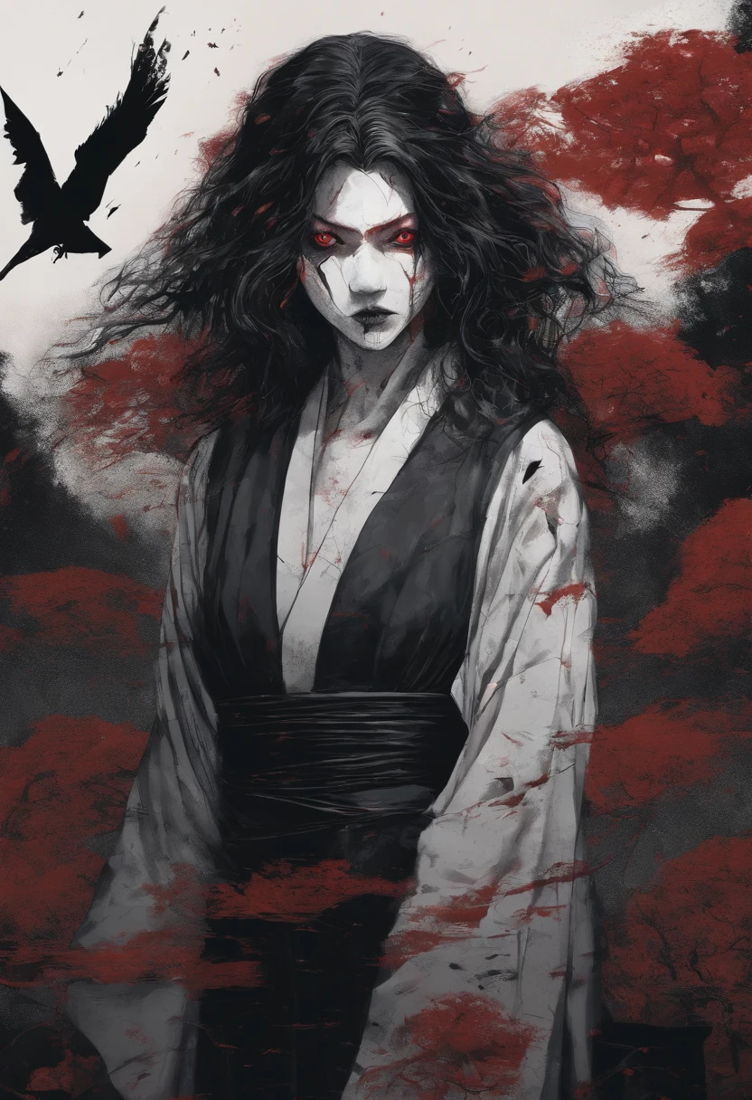 Estilo de arte de Kimetsu No Yaiba, mulher alta, cabelo longo preto, yukata preto com flores vermelhas, Vampiro, vampiro longos dentes afiados, Mulher Strigoi, Arte de terror, rosto machucado