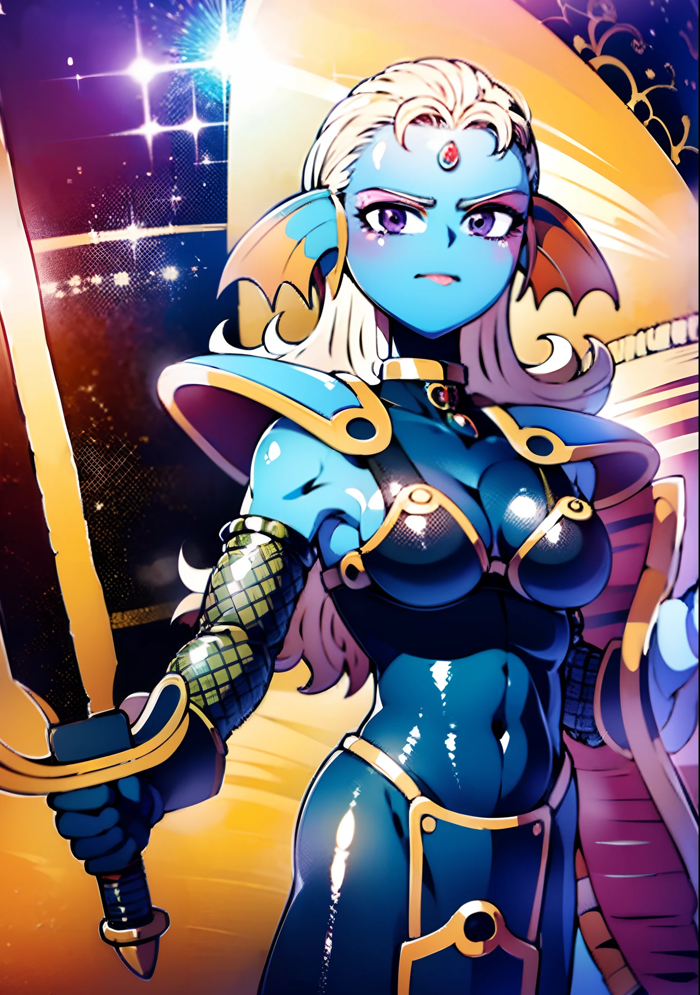 8K,High quality,Anime,married,Beautiful woman,Bright,Eye Highlights,Purple eyes,Sexy,ultra gigantic tits,oversized tits,Dark blue ,Erotic,beautiful line art. Blue skin, Blue and orange gradient fins, Black Bikini Armor, holding swords, Holding Shield, Bejeweled ornaments and bikini armor, Highly revealing outfits, Dark Facial Makeup, Golden Sword, Wooden shield,