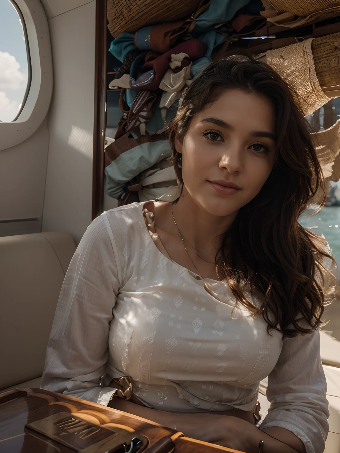 Gere uma imagem realista de uma jovem exploradora digital chamada Aurora Santos. Ela tem 25 anos, tem olhos castanhos expressivos e cabelos pretos com brilho natural. Its appearance vibrant and authentic, reflecting a mix of curiosity and elegance. View-se with style Balancing comfort and fashion , she is flying in a balloon ride in the sky (balloon general plan)
