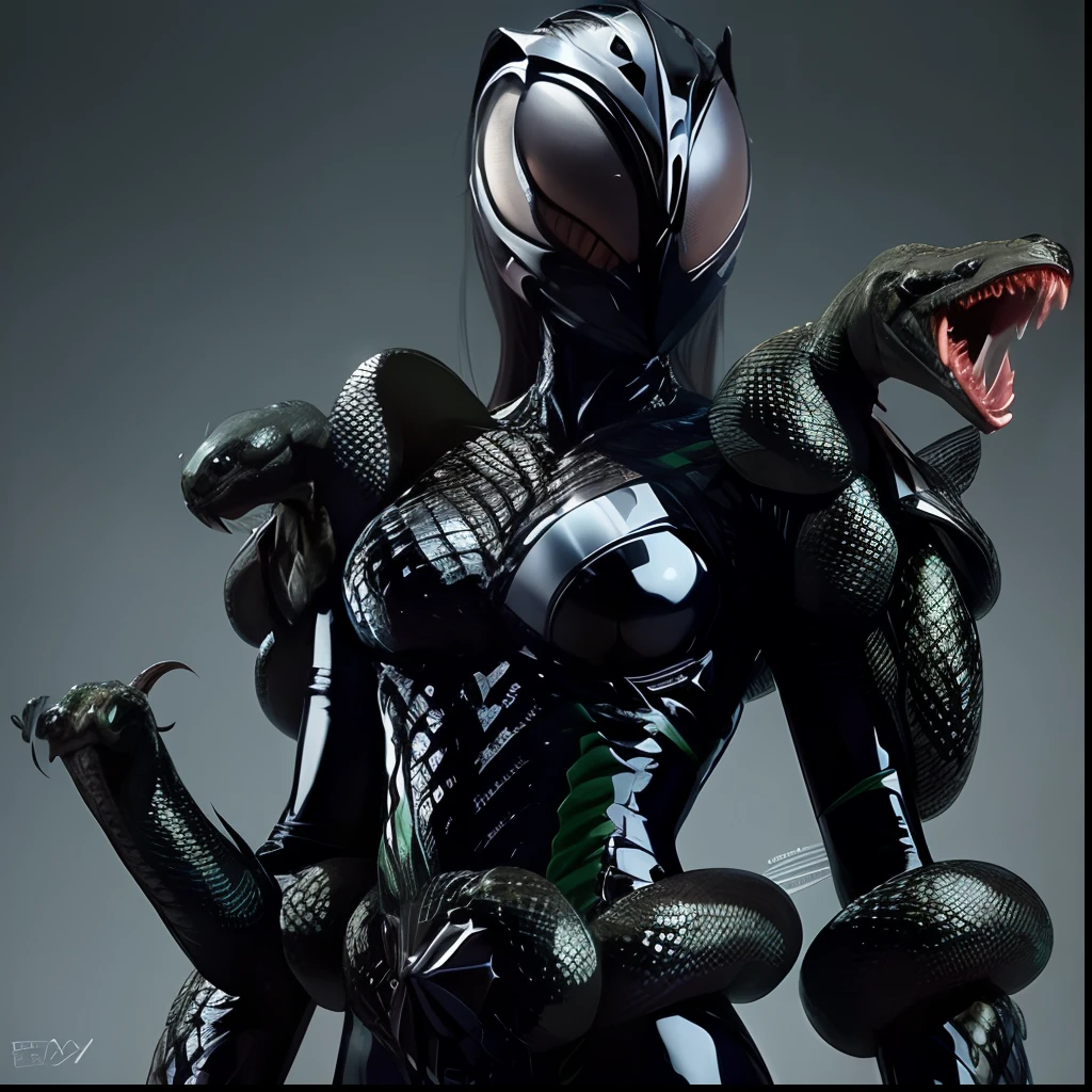 Beautiful girl fused with a snake. She is biological armor. Evil Costume. shiny body suits. Full body image.