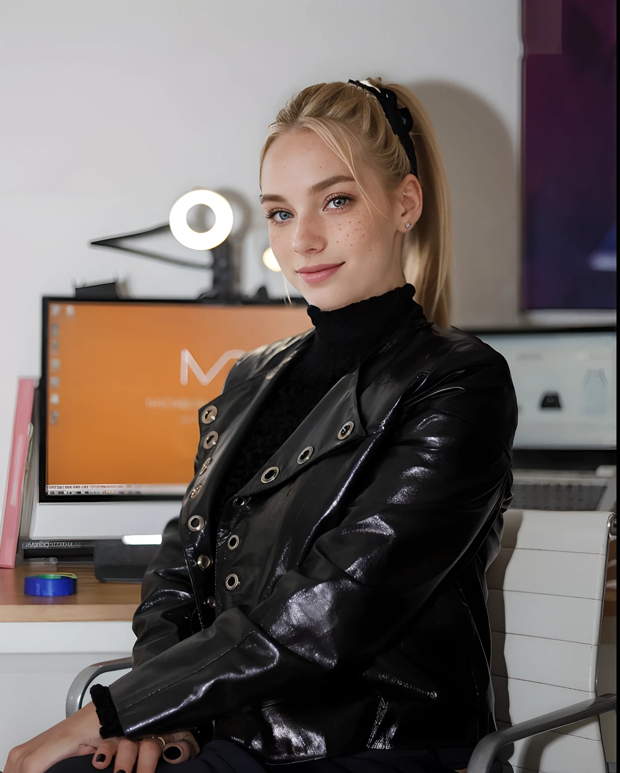 Rosto de uma mulher, americana, 25 anos, pale skin and freckles, olhos cinzas, nariz delicado, soft and delicate lips, cabelo blondie cinza ponytail, sorriso meigo,