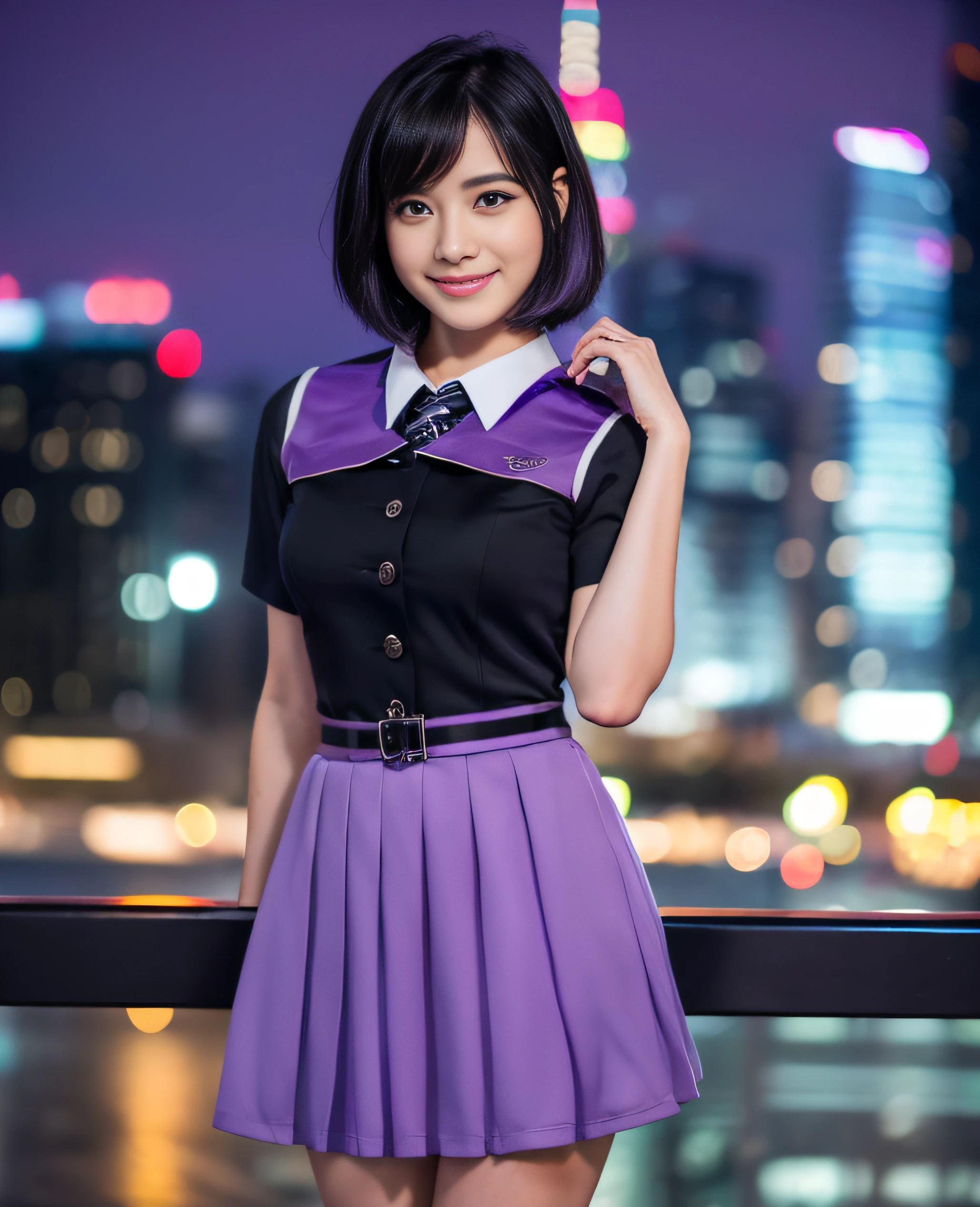 ((((Short hair)))))), ((((Black hair)))), Top quality, 8K, HDR, High resolution, Absurdity level: 1.2, Background blur, Bokeh: 1.2, Photo, (RAW photo ) : 1.2 ), (Reality: 1.4), (Masterpiece: 1.3), (Intricate details: 1.2), 1 girl, solo, Japanese girl, 1 girl, solo, ((smile)), (((Slim) Body)) ), Upper body, ((((Purple formal uniform: 1.2)))), Standing, Tokyo cityscape, Night, Cityscape, City lights, Close-up,, ((Best quality, 8k , Masterpiece: 1.3)), 1 girl, smile, full body, slender face, pretty woman, high heels, super detailed face, detailed eyes, double eyelids, blur background, slim face, waist shot,