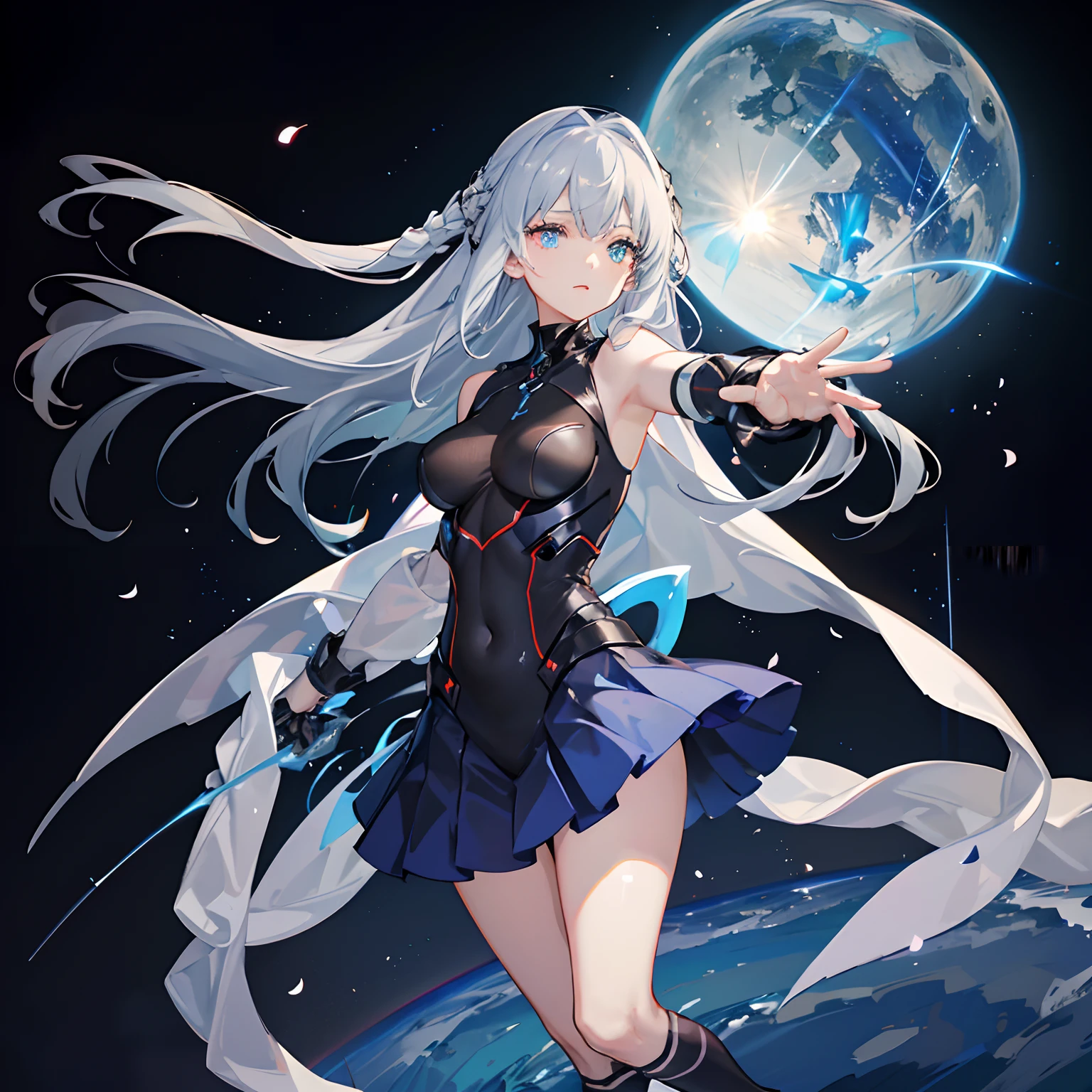 top-quality、Top image quality、masterpiece、Android Girl((, Cybersuit glowing in black, red and white、Blue energy source for the chest,Best Bust、Bust 90、Light blue light hair、Longhaire,Cyber Skirt、Blue-green eyes、open chest wide、Valley、Happiness、A slender、Mysterious face、Drifting in the air,Particles of light、Sharp claw arm,battered body、mid air、Glowing eyes、Hold out your hands))hiquality、Beautiful Art、Background with((mistic、Fantastic Universe))、masutepiece、Elaborate design、visualart、Theatrical films