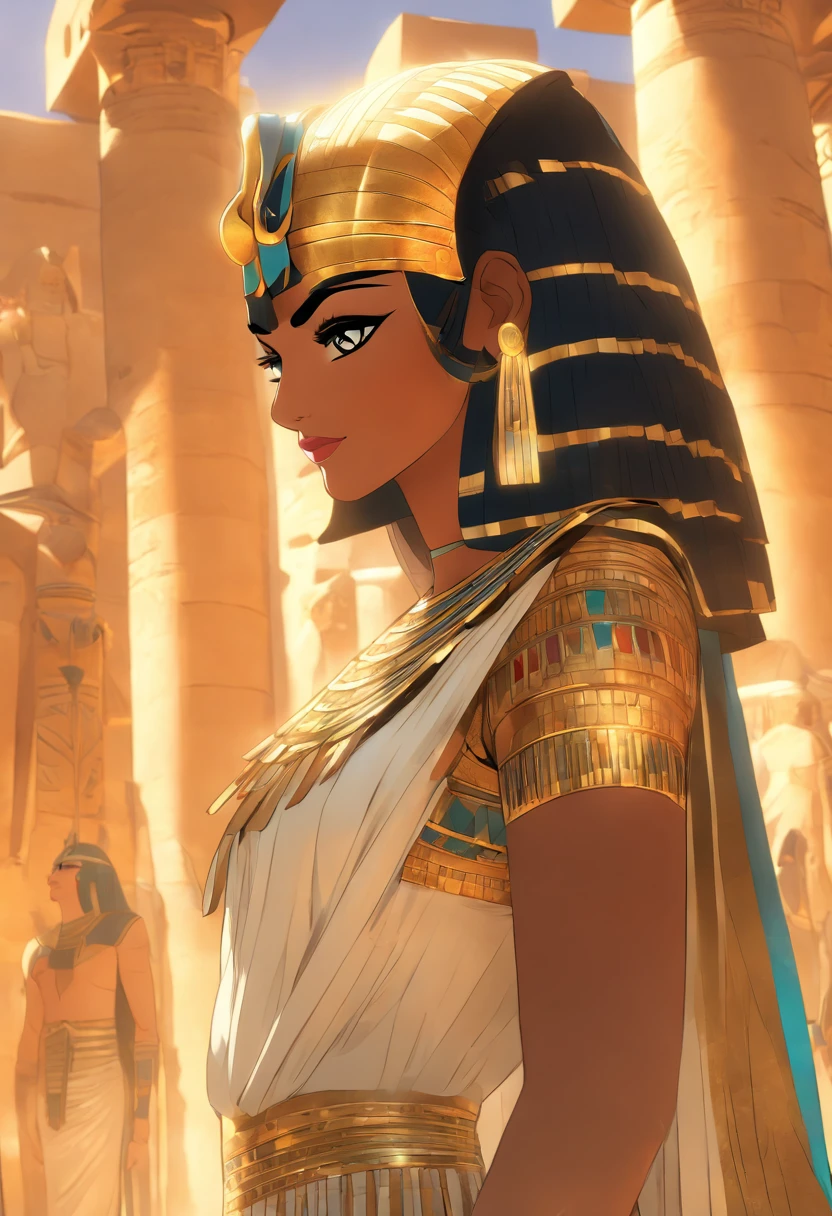(((cleopatra, Egyptian woman))) best quality, very high resolution, 4K detailed CG, masterpiece, Egyptian mythology, Mut, Egyptian, sun in the background, Ancient Egypt, standing pose, vulture adornment, white clothes , Egyptian clothing , Egyptian temple, desert, Ancient Egypt, ((Vulture adornment)), Egyptian palace, aesthetics, beautiful image, centered on screen, standing pose