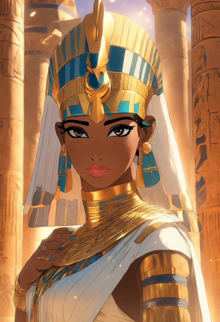 (((Egyptian Goddess))) best quality, very high resolution, detailed CG in 4K, masterpiece, Egyptian mythology, Seshat, black woman, sun in the background, Ancient Egypt, Egyptian temple, leopard skin, Egyptian clothing, desert , Ancient Egypt , Egyptian mythology, ((leopard skin)), Egyptian palace, aesthetics, beautiful image, centered on the screen, standing pose