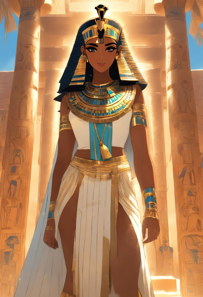 (((cleopatra, Egyptian woman))) best quality, very high resolution, 4K detailed CG, masterpiece, Egyptian mythology, Mut, Egyptian, sun in the background, Ancient Egypt, standing pose, vulture adornment, white clothes , Egyptian clothing , Egyptian temple, desert, Ancient Egypt, ((Vulture adornment)), Egyptian palace, aesthetics, beautiful image, centered on screen, standing pose