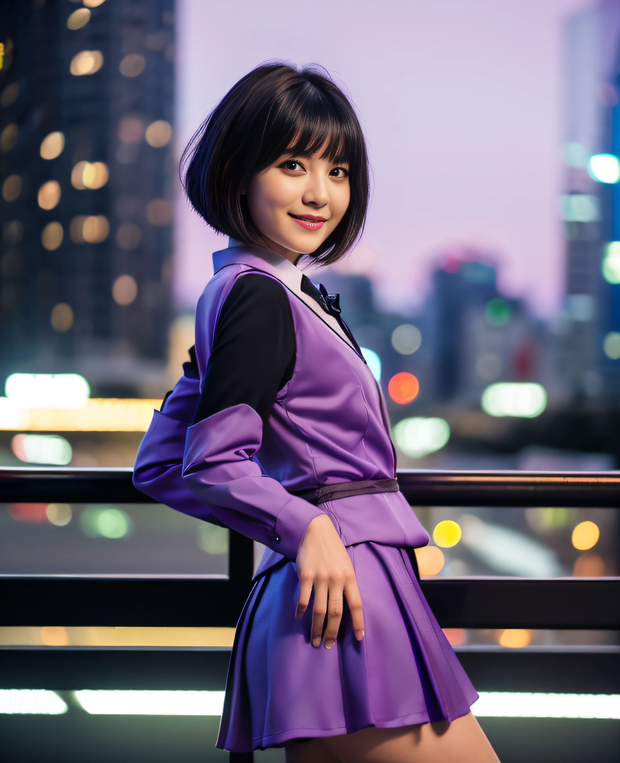 ((((Short hair)))))), ((((Black hair)))), Top quality, 8K, HDR, High resolution, Absurdity level: 1.2, Background blur, Bokeh: 1.2, Photo, (RAW photo ) : 1.2 ), (Reality: 1.4), (Masterpiece: 1.3), (Intricate details: 1.2), 1 girl, solo, Japanese girl, 1 girl, solo, ((smile)), (((Slim) Body)) ), Upper body, ((((Purple formal uniform: 1.2)))), Standing, Tokyo cityscape, Night, Cityscape, City lights, Close-up,, ((Best quality, 8k , Masterpiece: 1.3)), 1 girl, smile, full body, slender face, pretty woman, high heels, super detailed face, detailed eyes, double eyelids, blur background, slim face, waist shot,