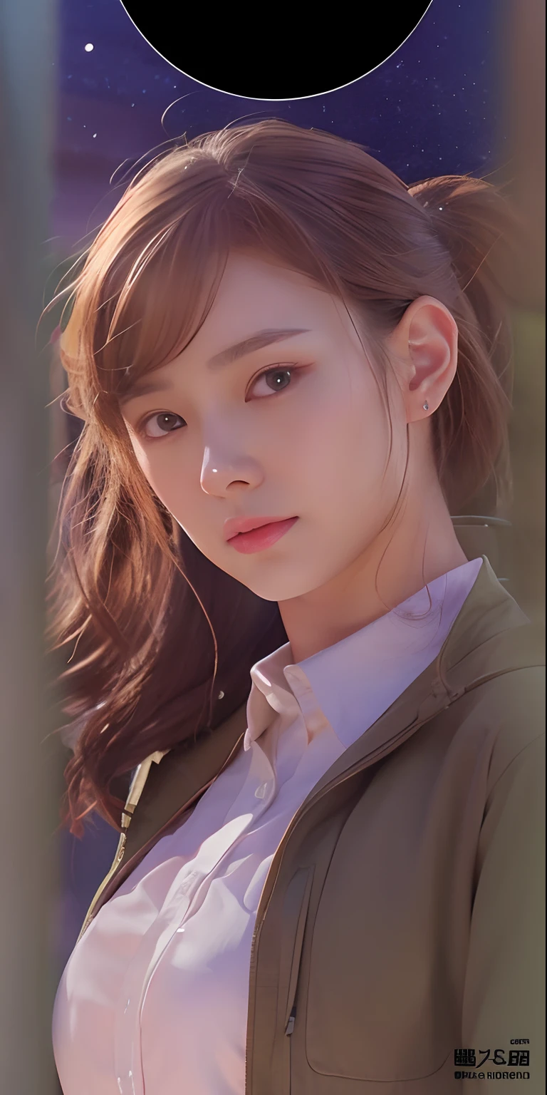 A woman, long brown hair, brownish army outer clothes and white inner clothes, realistic