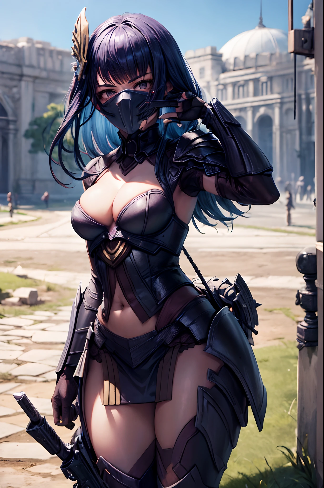 obra-prima, melhor qualidade, Mulher vestindo armadura completa do Depredador do filme, corpo completo detalhado, She wears a Predator Biomask that is covering her face, qualidade 16k, Kinematic, sombras no corpo, ruins, Full scenario