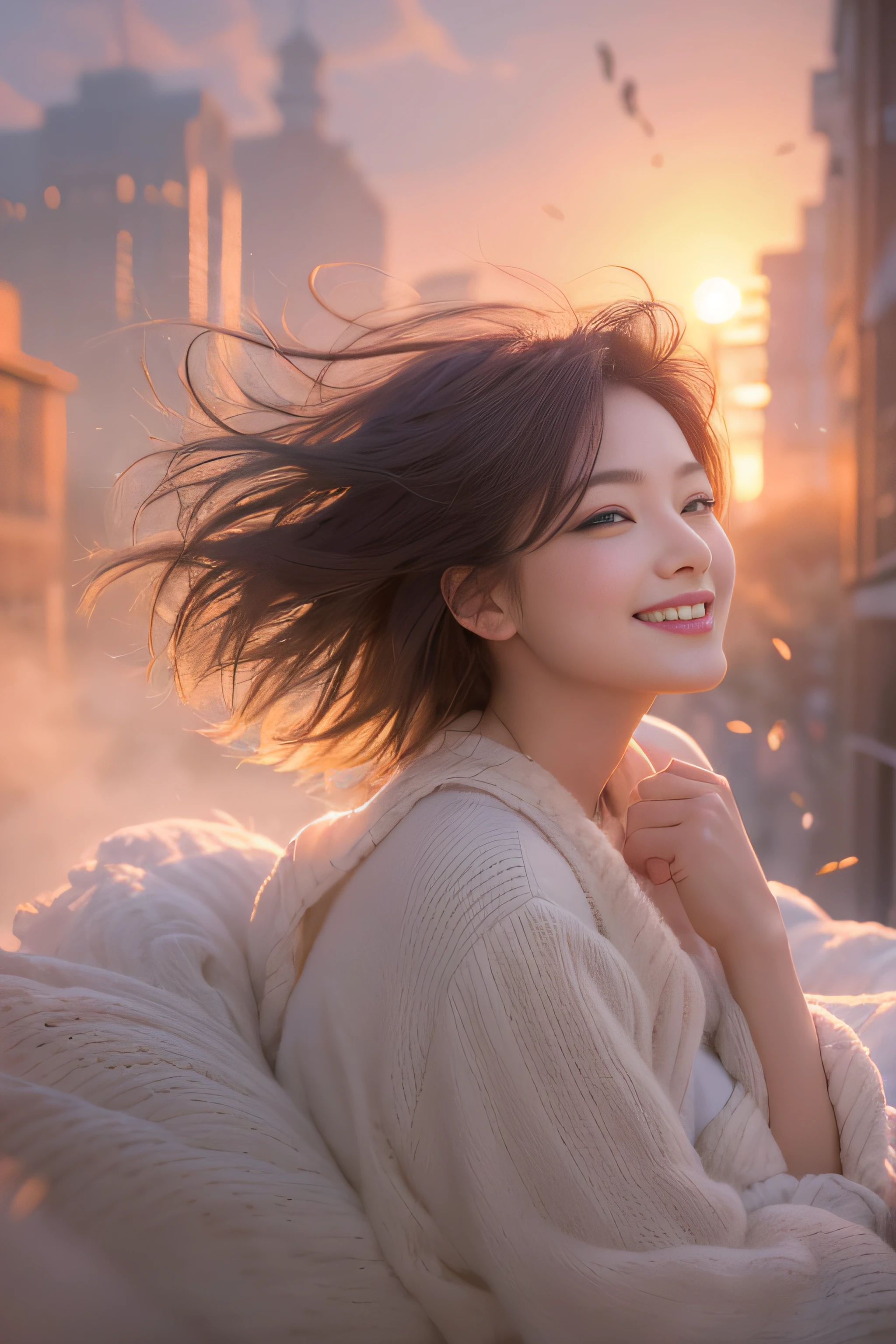 1womanl、(Super beautiful)、(beauitful face:1.5)、Smiling at the rising sun、The fog of dawn begins to melt、A bustling city awakens dreams、Turning around in the morning sun