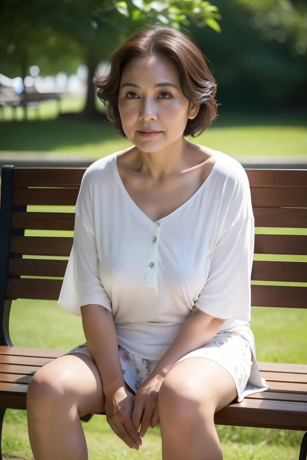 older woman, Wrinkles at the corners of the eyes,Wavy hair up to the shoulders, no-makeup, tiny chest,Average waist,Thick thighs,Average calf,Open legs, Gaze on the viewer, slightly turned to the side,In the park in the evening,Sitting on a bench, florals,White T-shirt on the bare skin,Green skirt, Detailed pictures of the whole body