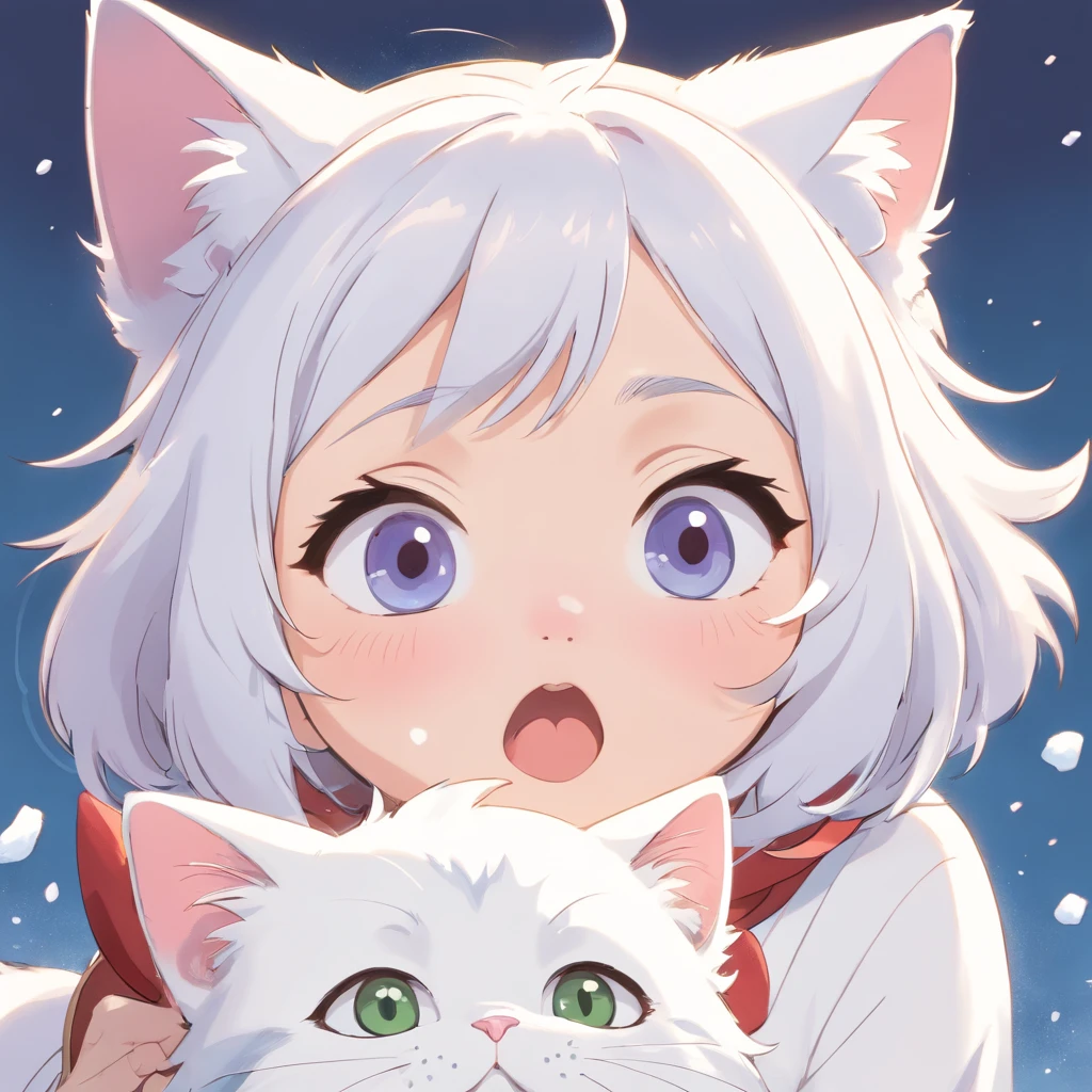 Flat illustration of a snow-white kitten、only face、funny expression、solid color、White background、outline、Bold Line