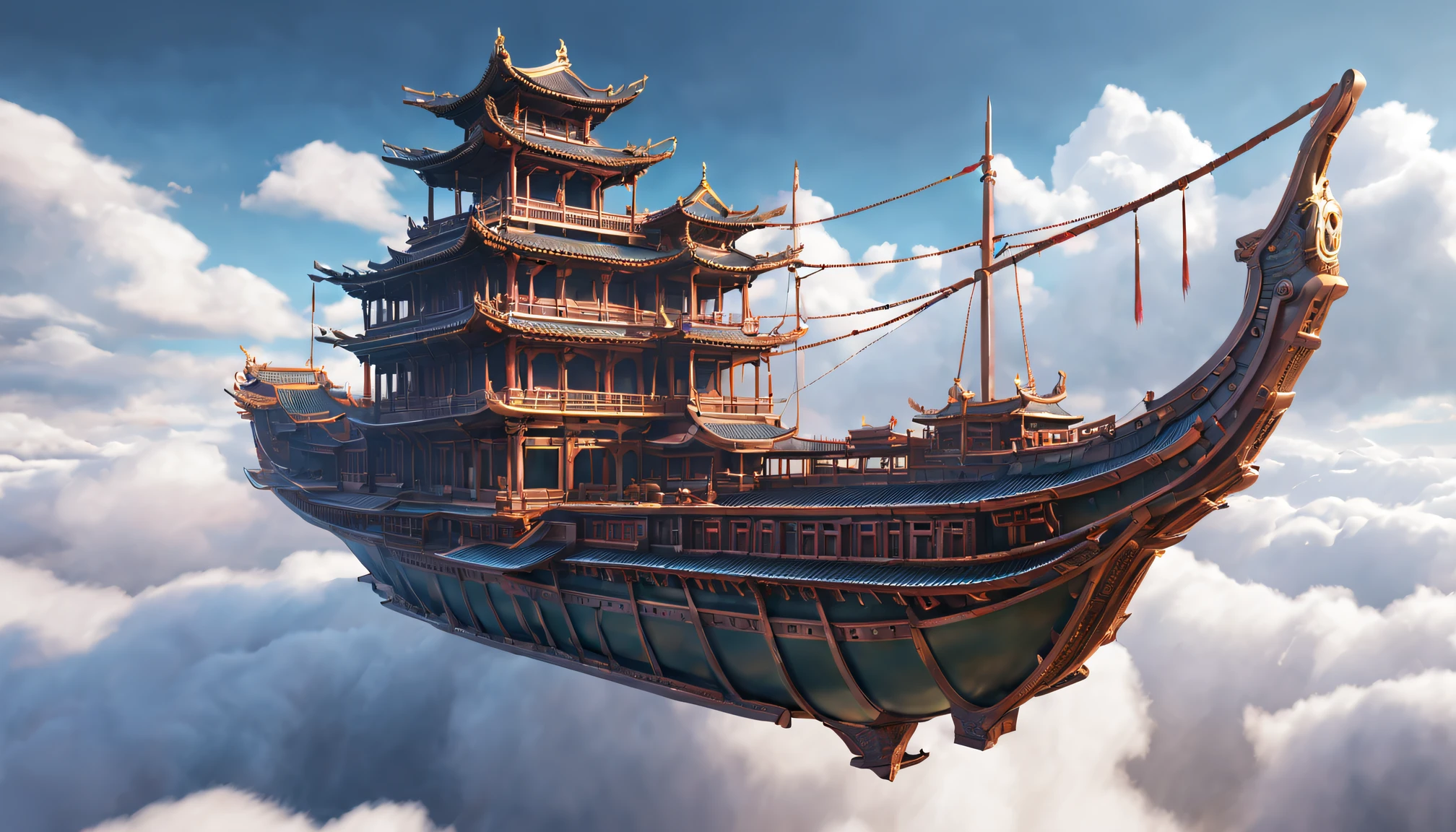 Asian-style boat floating in the clouds, In the style of complex architecture, Metal etherification, James' House, Playful and complex,das boot, ships, fantasy, space, Ancient, Ship, art, in the style of realistic and hyper detailed renderings, northern china's terrain, celestialpunk, intricately detailed buildings, Contemporary metallurgy, hyper realistic detailed, Rich in layers,A large ancient ship floating on the surface of the sky, in the style of yanjun cheng, Detailed world building, rtx on,An Asian-style boat flying over the peaks, Sci-fi Baroque style, Crafted with meticulous precision, Interlocking structure, celestialpunk, Traincore, Impressive skies, Kushan Empire,