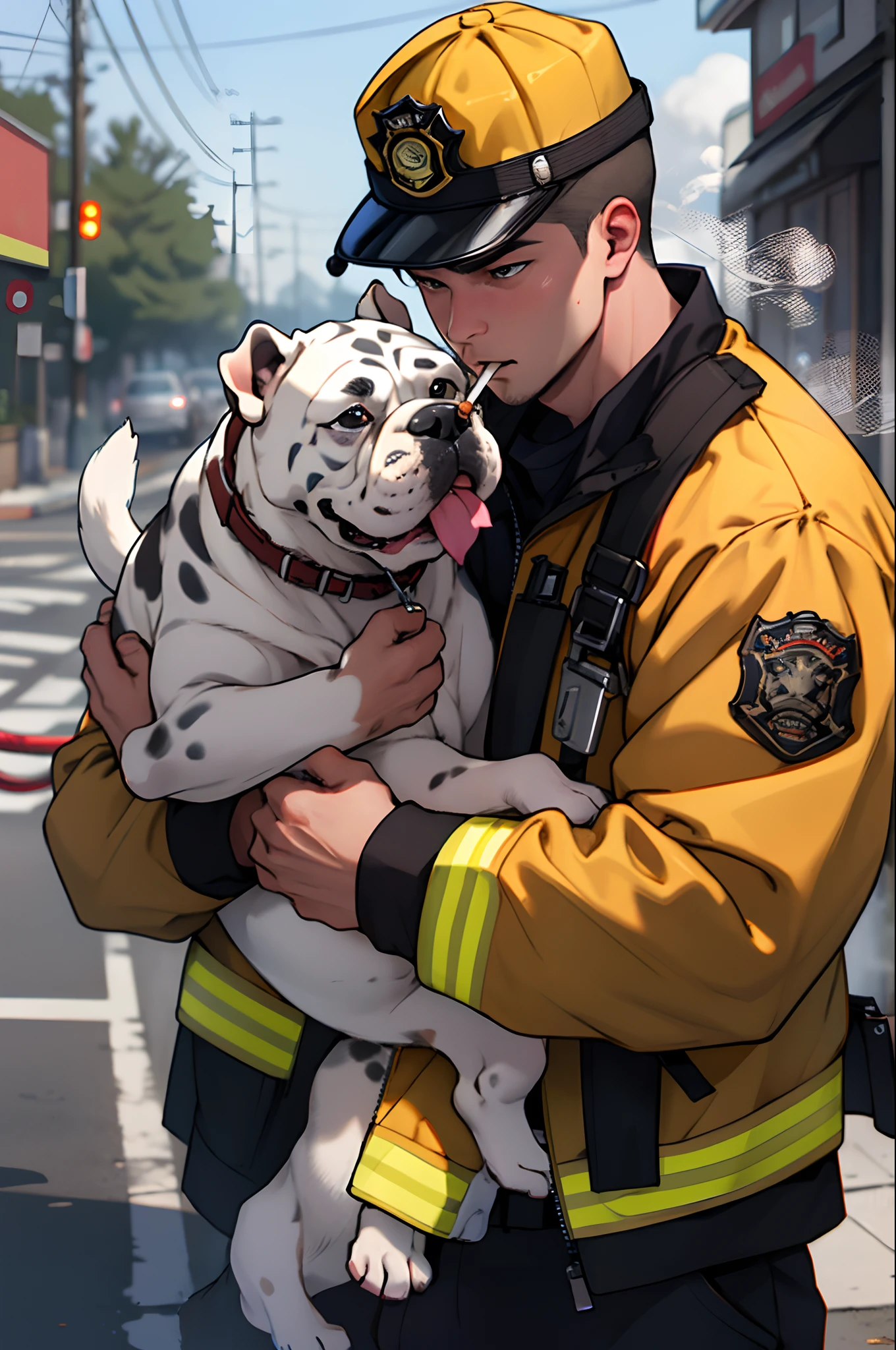 Firefighter carrying English bulldog with cigarette in his mouth