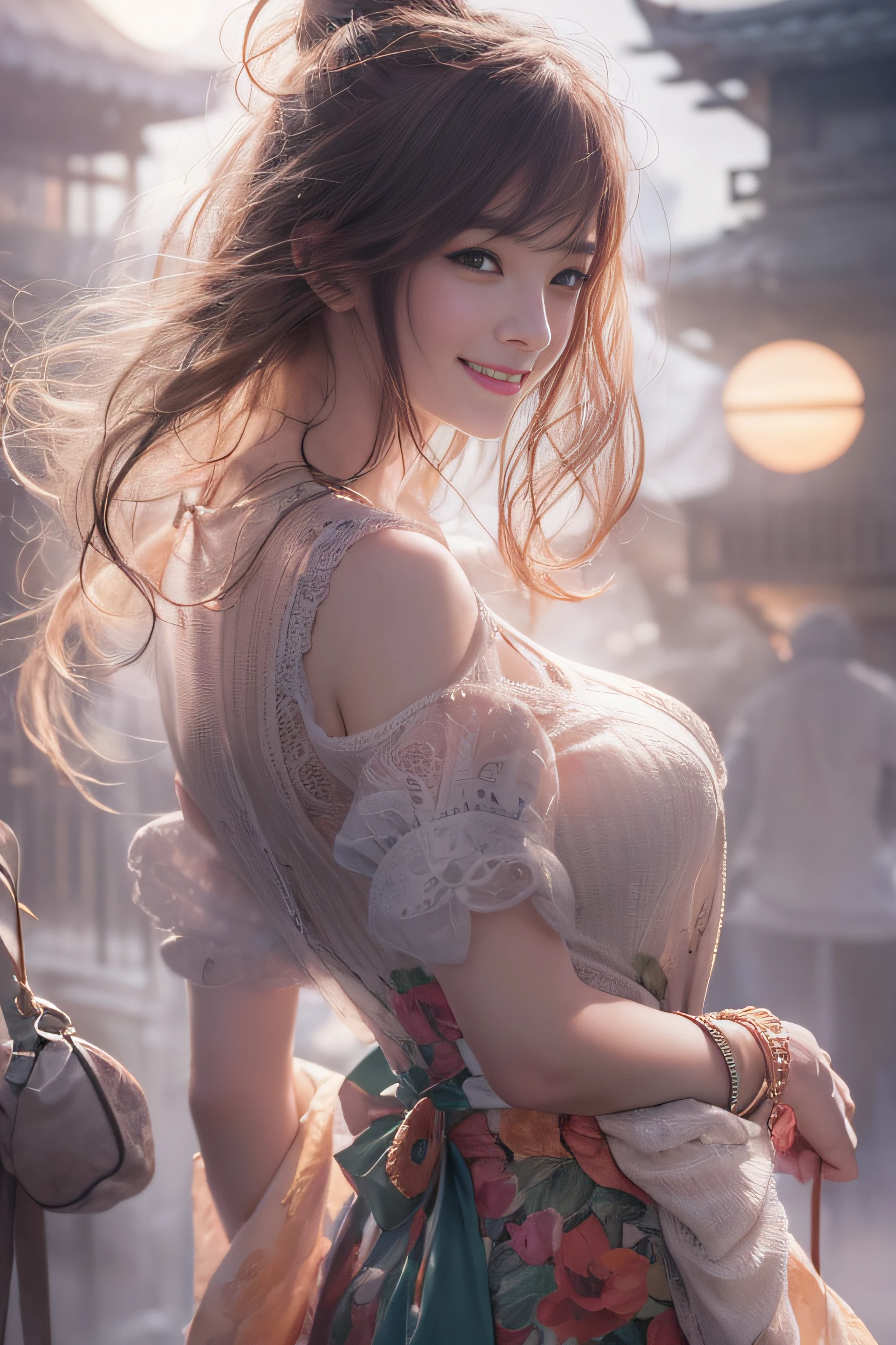 A photorealistic digital composition depicts the heart of an airy amusement park, where dreams danced among the clouds, there rode a young lady filled with a touch of magic and a sprinkle of enchantment. Her laughter floated like a melody, carried by the wind as she soared high on the mechanical swings that painted arcs in the sky. With each gentle rise and fall, her eyes sparkled like stars, reflecting the dazzling lights of the attractions below. The way her hair swirled around her face, caught in a playful tango with the breeze, added to her ethereal charm. She exuded a sense of whimsy that drew admiring glances from those who beheld her. As she reached the pinnacle of her ascent, her gaze wandered, searching for something or someone amidst the sea of faces below. A mischievous smile played upon her lips, hinting at a secret longing hidden within her heart. And in that moment, suspended high above the world, she seemed to embody the very essence of youthful infatuation and the thrill of being carried away by love’s sweet whispers. The creak of the swings, the hum of the machinery, and the distant laughter of fellow thrill-seekers all merged into a symphony of joy around her. The girl, lost in her own little world of love-struck reverie, swayed gracefully through the air, a graceful dancer in the sky. Each arching swing brought her closer to the heavens, her spirit soaring alongside her body, as if seeking to touch the clouds above. In that fleeting, magical instant, she was a vision of flirtatious whimsy, a radiant being untethered from earthly woes, basking in the blissful embrace of the skies. And as the sun dipped below the horizon, casting a rosy glow over the landscape, she remained perched atop her mechanical chariot, a dreamer in flight, forever chasing the elusive butterflies of love high up in the air. Evocative of Irakli Nadar's hyperrealism. Volumetric natural lighting bath the scene with a warm glow and contrasting shadows.