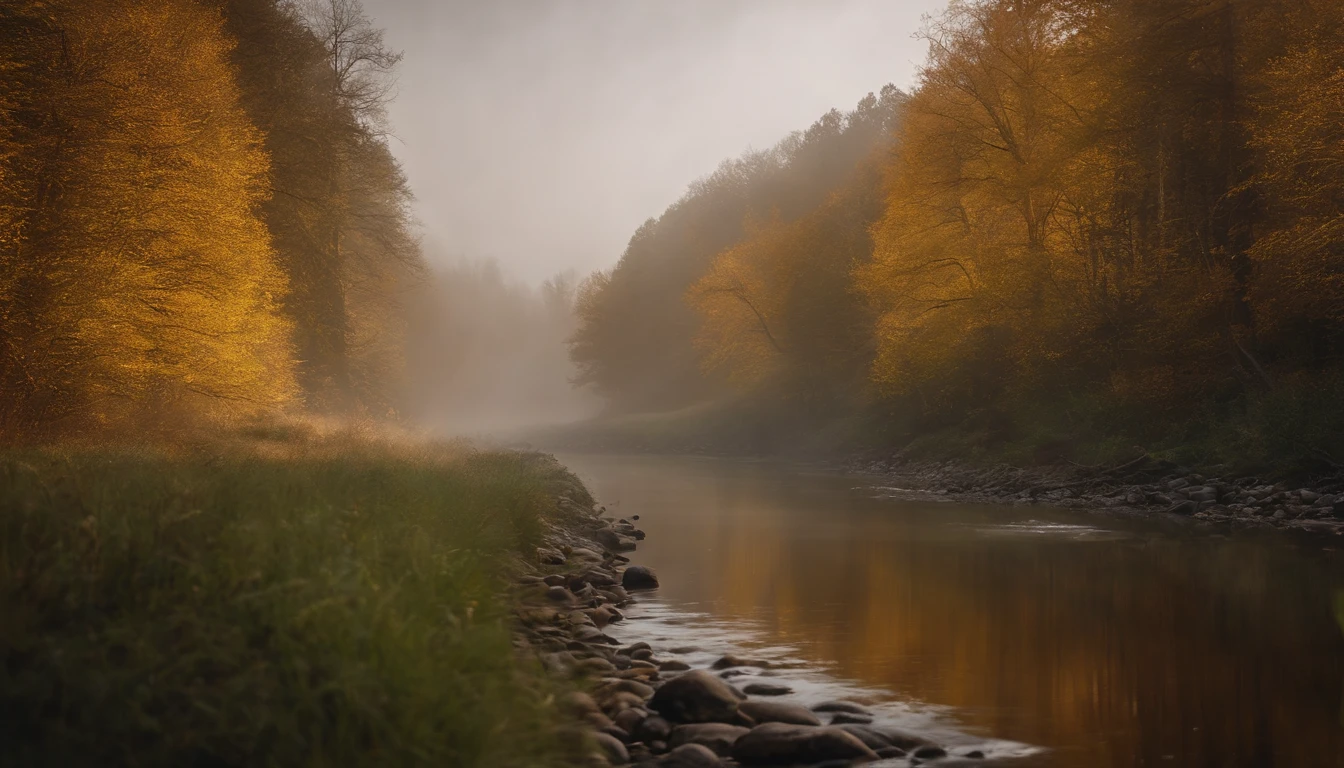 Nikon lens，Master masterpieces，The is very detailed，High- sharpness，8k wallpaper，fidelity：1.4，Poster effect，natural soft light，Large grasslands，Large birch forest，Small streams flow water，A little fog，first person perspective