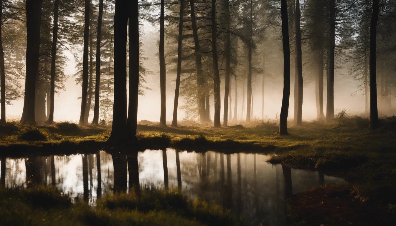 Nikon lens,Master masterpieces,The is very detailed,High- sharpness,8k wallpaper,fidelity:1.4,Poster effect,natural soft light,Large grasslands,Large birch forest,Small streams flow water,A little fog,first person perspective