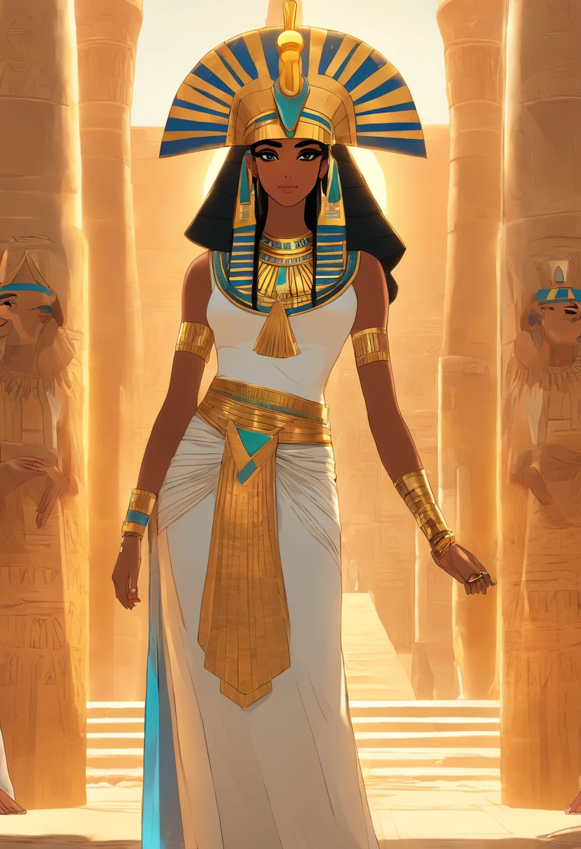 An Egyptian princess with blue hair, medium skin tone and blue eyes stands back to back with an Egyptian prince with blond hair, dark skin and bright yellow eyes. In their raised hands lies a scroll with a dark aura around it. In the background, there is a red sky.