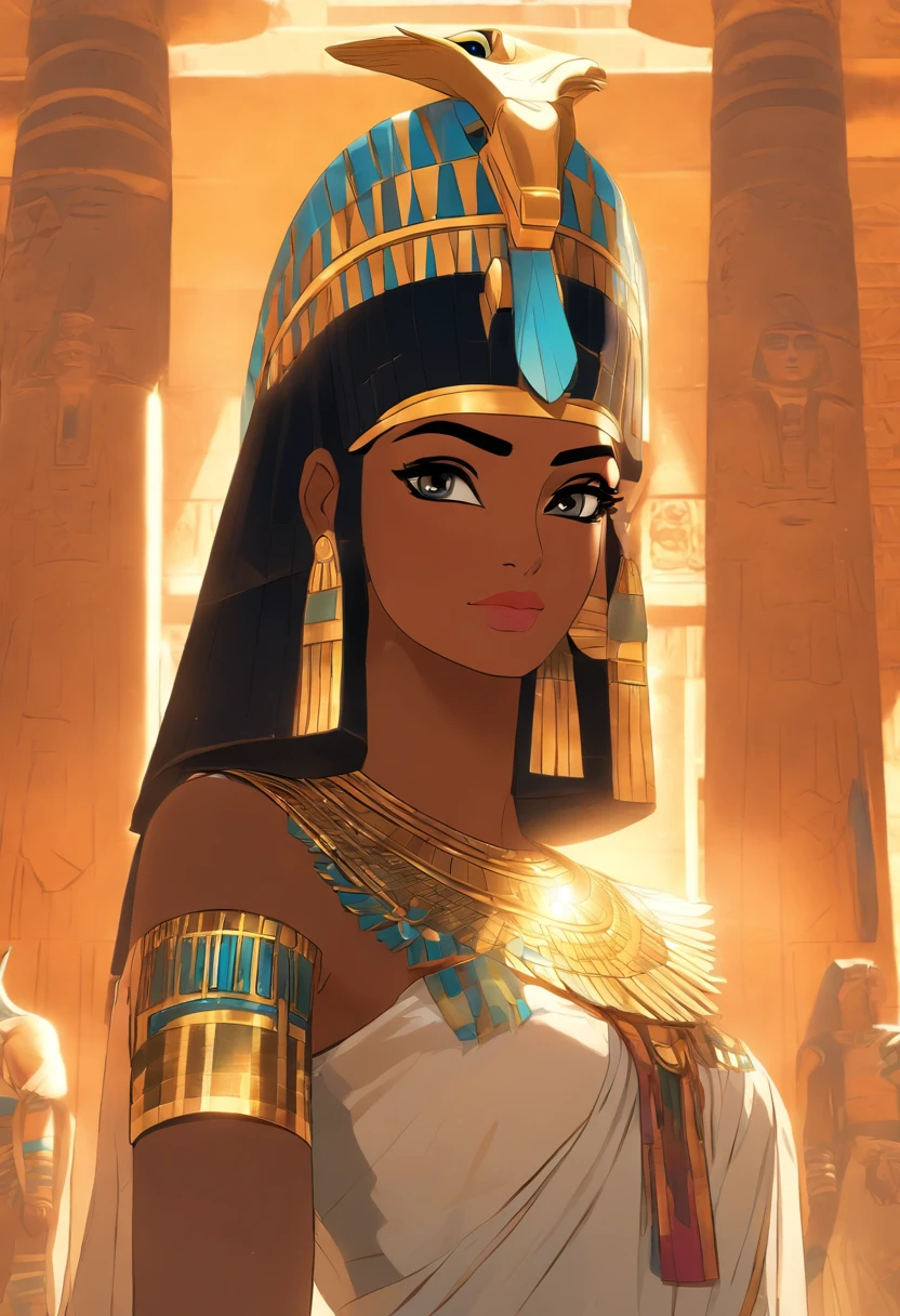 (((cleopatra, Egyptian woman))) best quality, very high resolution, 4K detailed CG, masterpiece, Egyptian mythology, Mut, Egyptian, sun in the background, Ancient Egypt, standing pose, vulture adornment, white clothes , Egyptian clothing , Egyptian temple, desert, Ancient Egypt, ((Vulture adornment)), Egyptian palace, aesthetics, beautiful image, centered on screen, standing pose