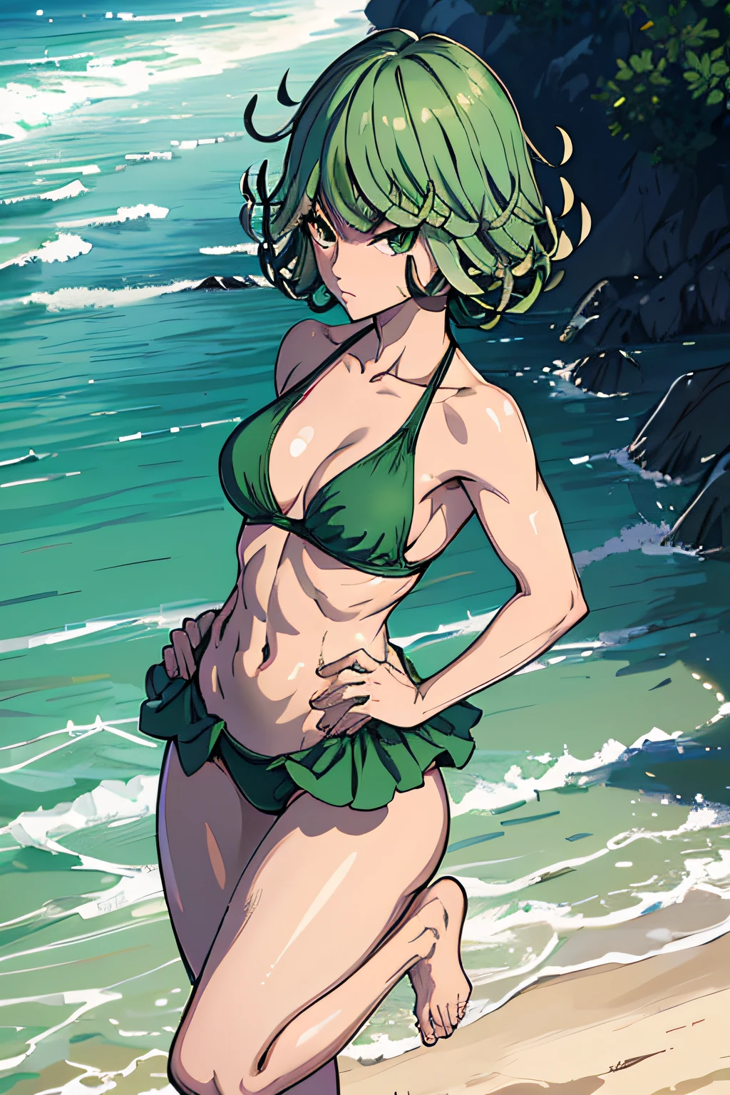 masterpiece, best quality, 1girl, alone, breasts, looking at viewer, medium_breasts, full body, standing, ((with hands on waist)), wearing green bikini, on the beach, green hair, (Tatsumaki: 1.7 ), beautiful thighs, true to the anime, muscular belly, barefoot, ((focus on the beautiful toned thighs))