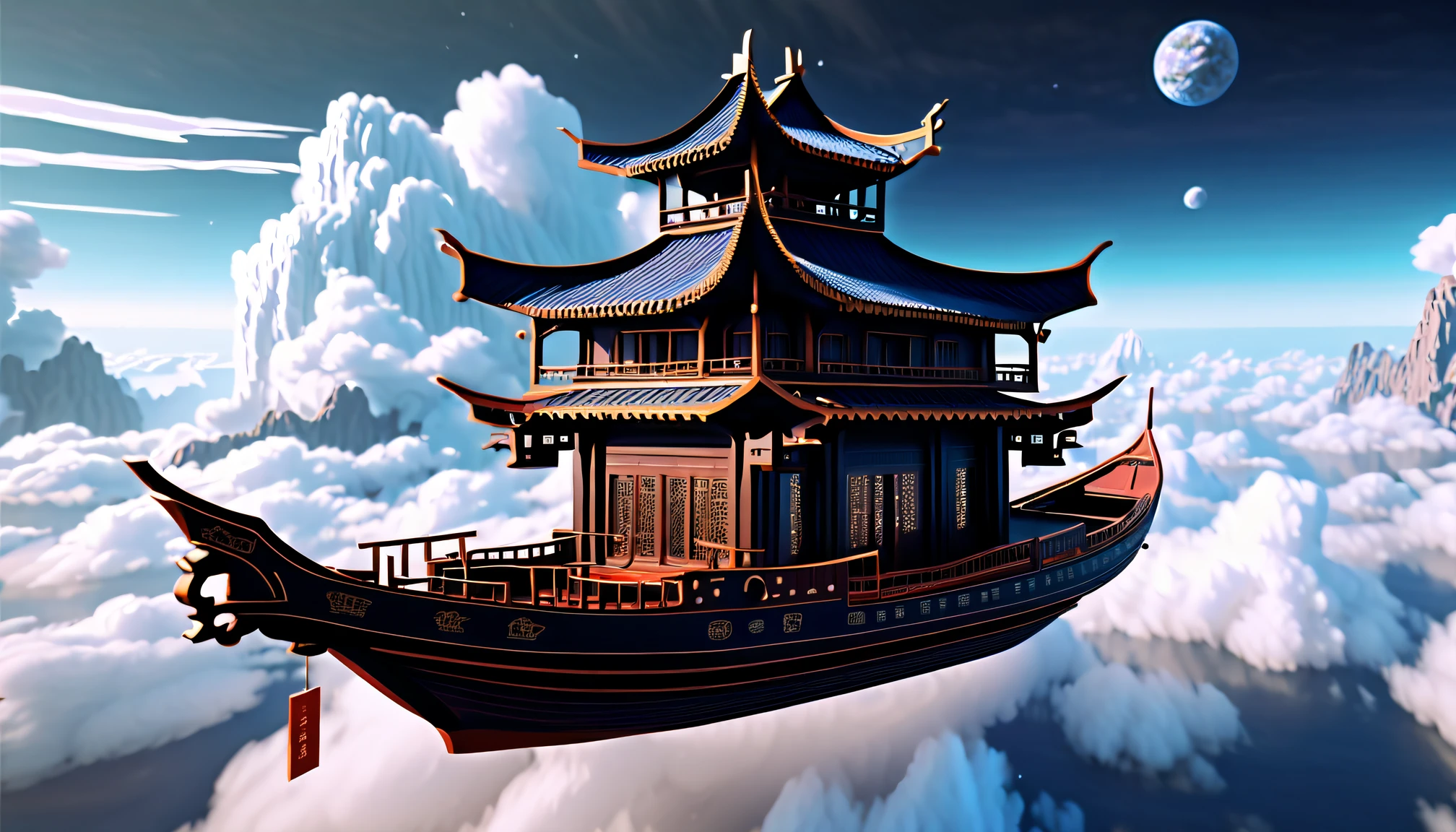 Asian-style boat floating in the clouds, In the style of complex architecture, Metal etherification, James' House, Playful and complex,das boot, ships, fantasy, space, Ancient, Ship, art, in the style of realistic and hyper detailed renderings, northern china's terrain, celestialpunk, intricately detailed buildings, Contemporary metallurgy, hyper realistic detailed, Rich in layers,A large ancient ship floating on the surface of the sky, in the style of yanjun cheng, Detailed world building, rtx on,An Asian-style boat flying over the peaks, Sci-fi Baroque style, Crafted with meticulous precision, Interlocking structure, celestialpunk, Traincore, Impressive skies, Kushan Empire,