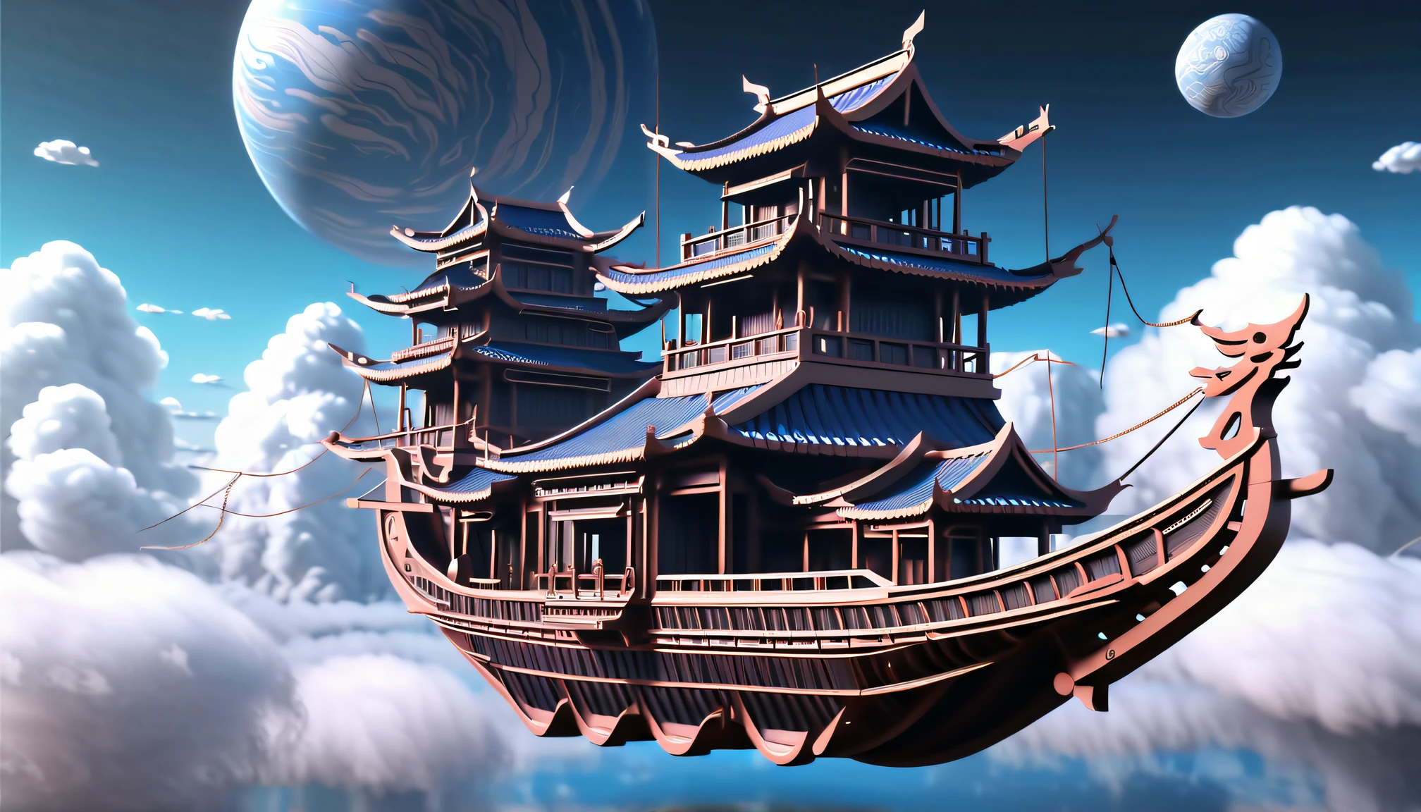 Asian-style boat floating in the clouds, In the style of complex architecture, Metal etherification, James' House, Playful and complex,das boot, ships, fantasy, space, Ancient, Ship, art, in the style of realistic and hyper detailed renderings, northern china's terrain, celestialpunk, intricately detailed buildings, Contemporary metallurgy, hyper realistic detailed, Rich in layers,A large ancient ship floating on the surface of the sky, in the style of yanjun cheng, Detailed world building, rtx on,An Asian-style boat flying over the peaks, Sci-fi Baroque style, Crafted with meticulous precision, Interlocking structure, celestialpunk, Traincore, Impressive skies, Kushan Empire,
