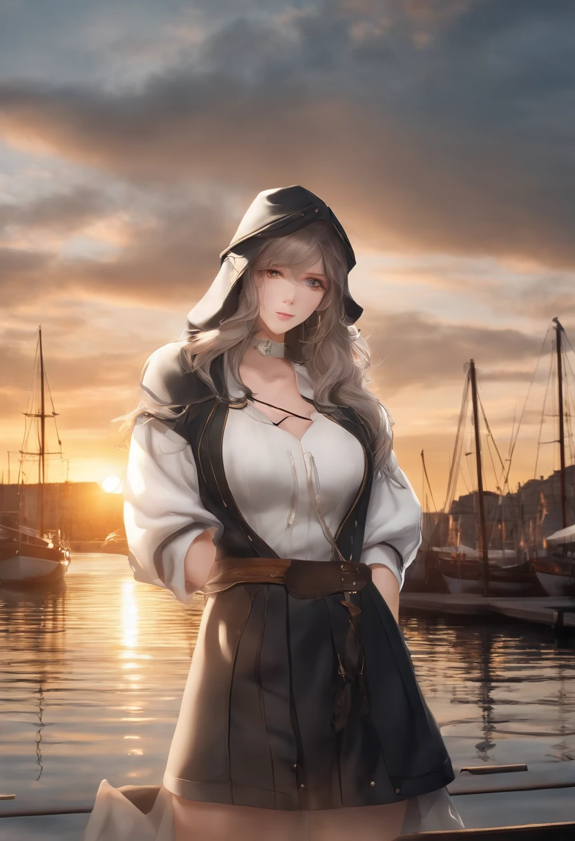 medium shot, medium shot, depth of fields, Bust, Upper body, Cinematic Angle, masutepiece, Best Quality, super detailed, nffsw, 8K Wallpaper, Pretty Face, Delicate eyes, maidennurse, Solo, White long hair, Yellow eyes, Hairpin, White shirt, Black hooded jacket, Black Baseball Cap, Black stockings, black over-the-knee boots, Sunset, Medieval harbor, harbour, Detailed water surface, Reflection of the Sun