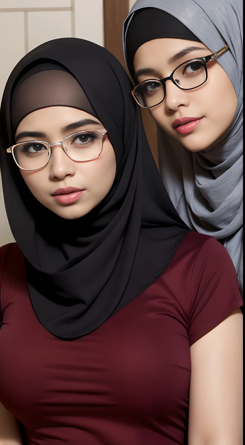 A beautiful high school glasses Arabian girl model, white skin, sharp nose, thin lips, circle face, slender body, voluptuous breast, off shoulder, wear hijab, arm sleeve, golden bangles, bracelets, necklaces, swiss polo watch, in nurse uniform, cloak, gorgeous, body massage, massage room, leaning on the head of the, bed, placed a baby on a pillow, warm and cozy, night, breastfeeding moms, hot, milking, baby, detailed squinting eyes, detailed horny face,(best quality,4k,8k,highres,masterpiece:1.2),ultra-detailed,(realistic,photorealistic,photo-realistic:1.37),studio lighting,extreme detail description,vivid colors