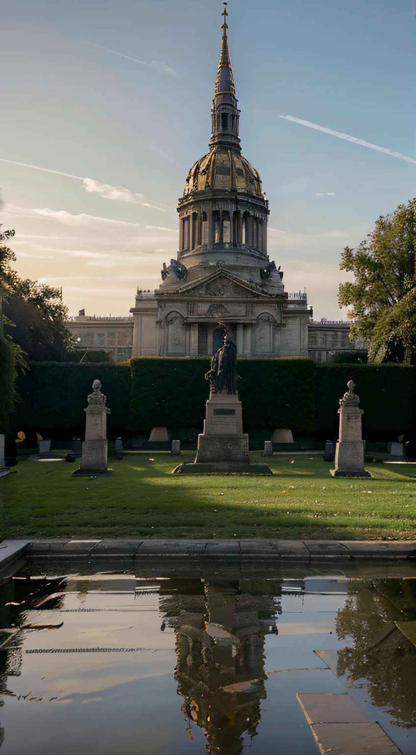 (gravesite of Napoleon, Invalides, Paris, respectful, admiration),(best quality,4k,8k,highres,masterpiece:1.2),portraits,landscape,drawn with high precision,soft lighting,rich colors,heroic composition,sculpted details,fine marble statues,impressive architecture,fine engravings,historical significance,solemn ambiance,light mist covering the ground,subtle rays of sunlight peeking through the clouds,peaceful atmosphere,grandiosity of the location,tall columns,awe-inspiring dome,faded glory,ornate decorations,immaculate garden,well-preserved memorial,flag waving gently in the wind,tranquility,serene reflections in the nearby pond,sense of reverence,noble red banners,subdued tones,dignified soldiers on guard,strategically positioned flags,harmonious symmetry,eternal tribute,grainy texture,heritage of a great leader,monumental importance,majestic structure,each detail filled with purpose and meaning,whispering whispers of history,emblematic of power and influence,proud and powerful legacy.