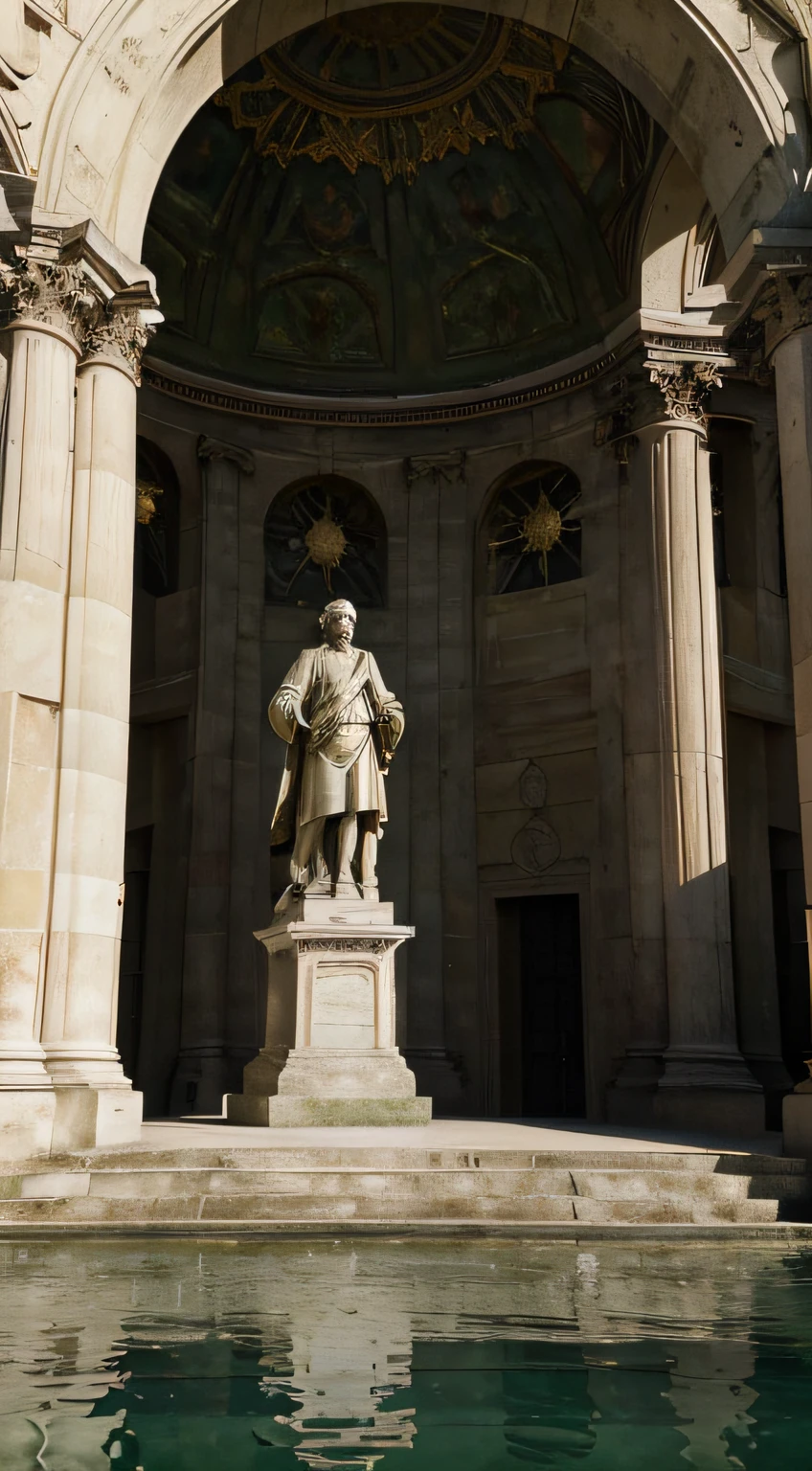(gravesite of Napoleon, Invalides, Paris, respectful, admiration),(best quality,4k,8k,highres,masterpiece:1.2),portraits,landscape,drawn with high precision,soft lighting,rich colors,heroic composition,sculpted details,fine marble statues,impressive architecture,fine engravings,historical significance,solemn ambiance,light mist covering the ground,subtle rays of sunlight peeking through the clouds,peaceful atmosphere,grandiosity of the location,tall columns,awe-inspiring dome,faded glory,ornate decorations,immaculate garden,well-preserved memorial,flag waving gently in the wind,tranquility,serene reflections in the nearby pond,sense of reverence,noble red banners,subdued tones,dignified soldiers on guard,strategically positioned flags,harmonious symmetry,eternal tribute,grainy texture,heritage of a great leader,monumental importance,majestic structure,each detail filled with purpose and meaning,whispering whispers of history,emblematic of power and influence,proud and powerful legacy.