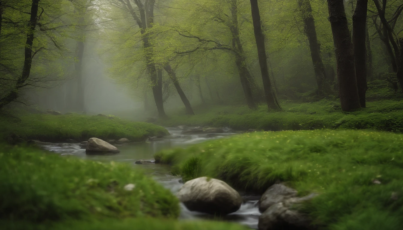 High- sharpness，Master masterpieces，Fuji，RAW photos，（fidelity：1.4），Poster effect，The base color is bright，Large area of green，Natural light， Large grasslands，There was a bit of fog，springtime，The main color is green，small stream，Three small stones by the creek，Birch forest，first person perspective