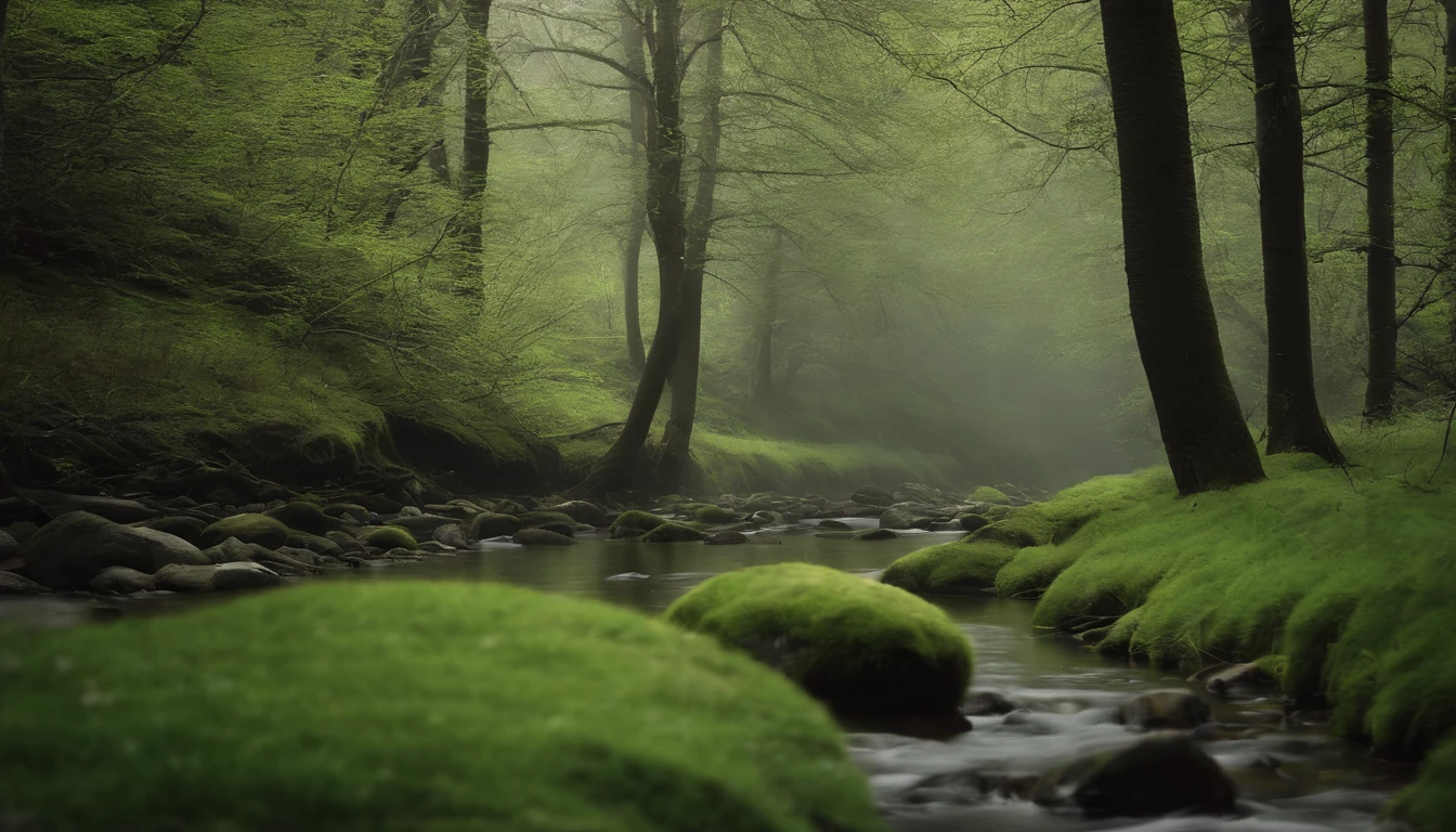High- sharpness，Master masterpieces，Fuji，RAW photos，（fidelity：1.4），Poster effect，The base color is bright，Large area of green，Natural light， Large grasslands，There was a bit of fog，springtime，The main color is green，small stream，Three small stones by the creek，Birch forest，first person perspective