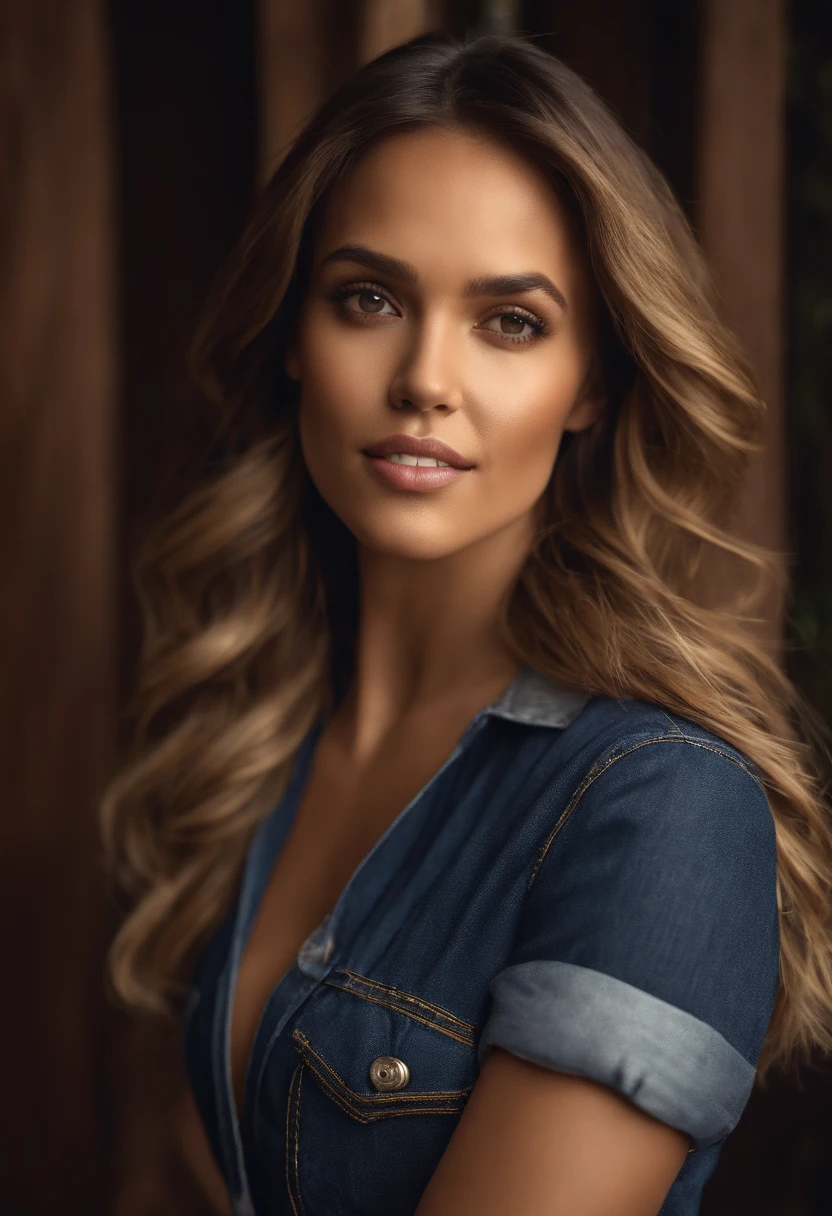 1boy 1 mulher, Um lindo com 3 anos de jdade (loiro) (olhos claros) (palpebra dupla) (denim jumpsuit) It's protected in the lap of your sexy and beautiful mother (rosto da Jessica Alba) cowboy shot, In-depth history, traje detalhado, perfect lighting、Hiper-realismo、(Fotorrealista:1.4)、Maximum resolution of 8k, (obra prima), ighly detalhado, profissional, full body